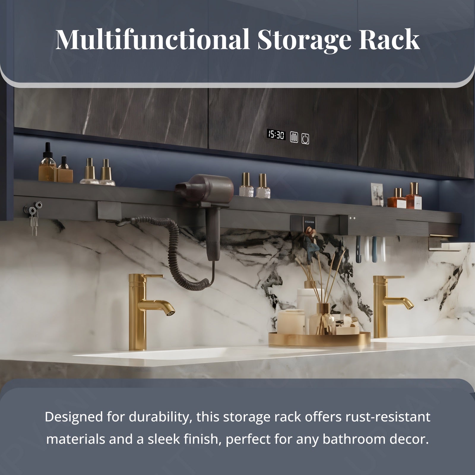 Modern Bath Vanity Set, Navy, Marble Textured Top, Striped Panels, 36"- 78", Double, Floating, Smart LED Mirror, Rear Cabinet, Storage Rack