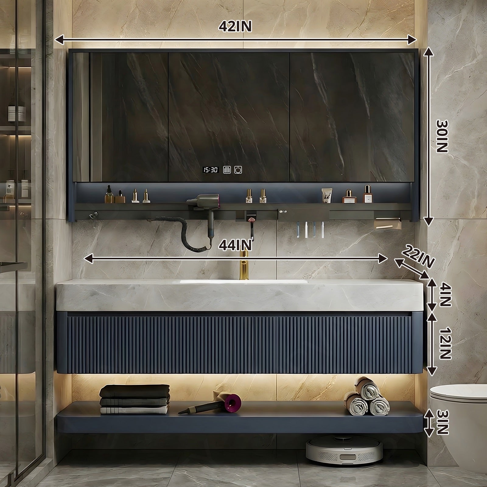 Modern Bath Vanity Set, Navy, Marble Textured Top, Striped Panels, 36"- 78", Double, Floating, Smart LED Mirror, Rear Cabinet, Storage Rack