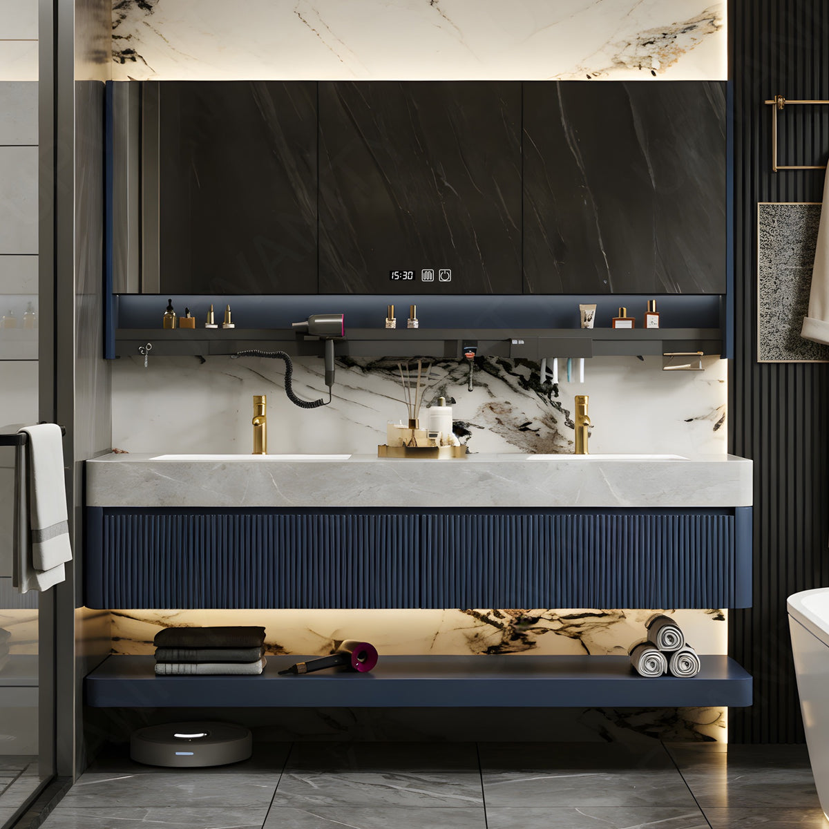 Modern Bath Vanity Set, Navy, Marble Textured Top, Striped Panels, 36"- 78", Double, Floating, Smart LED Mirror, Rear Cabinet, Storage Rack