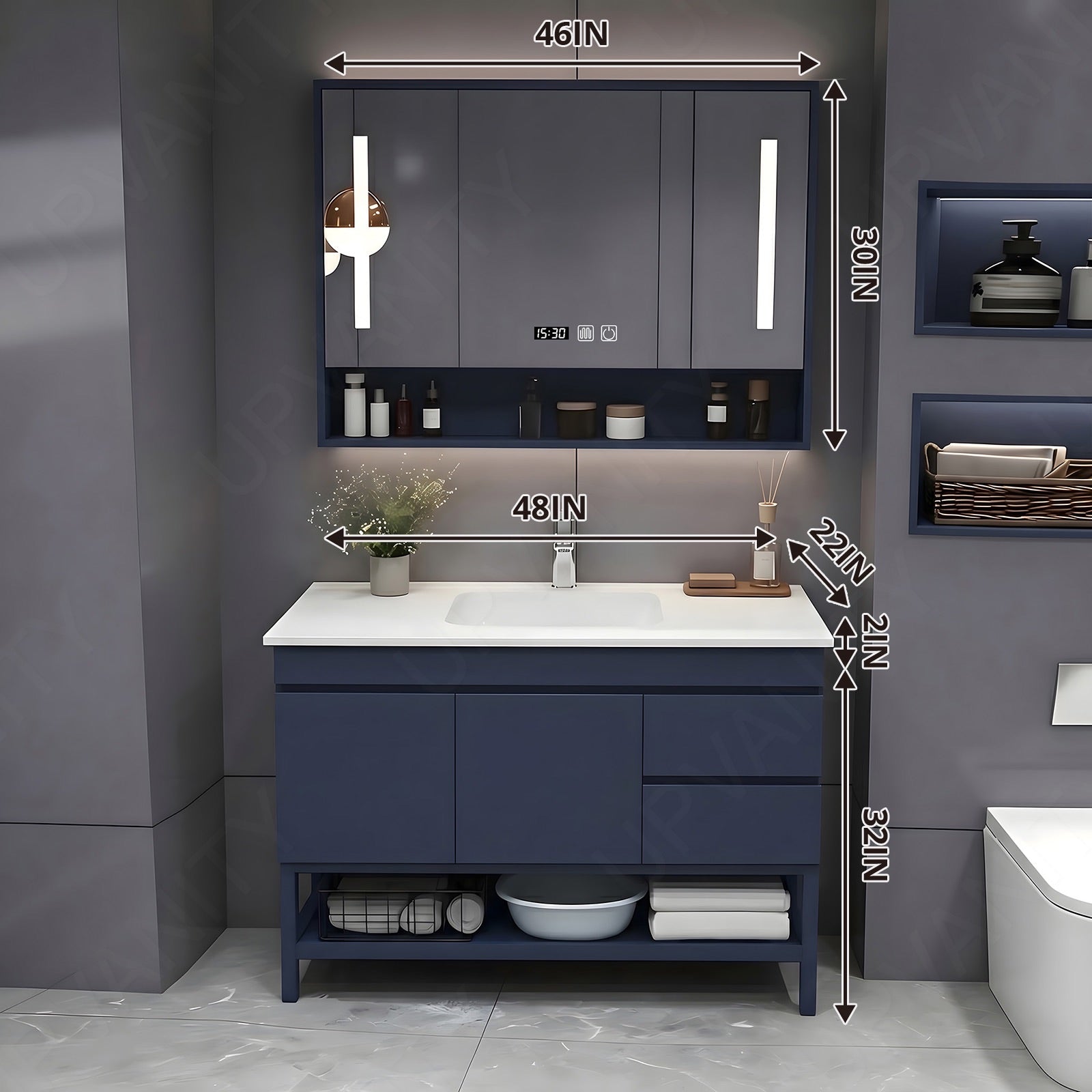 Modern Bath Vanity Set, Navy, Open Storage, 24"- 64", Single, Freestanding, Smart LED Mirror, Rear Cabinet