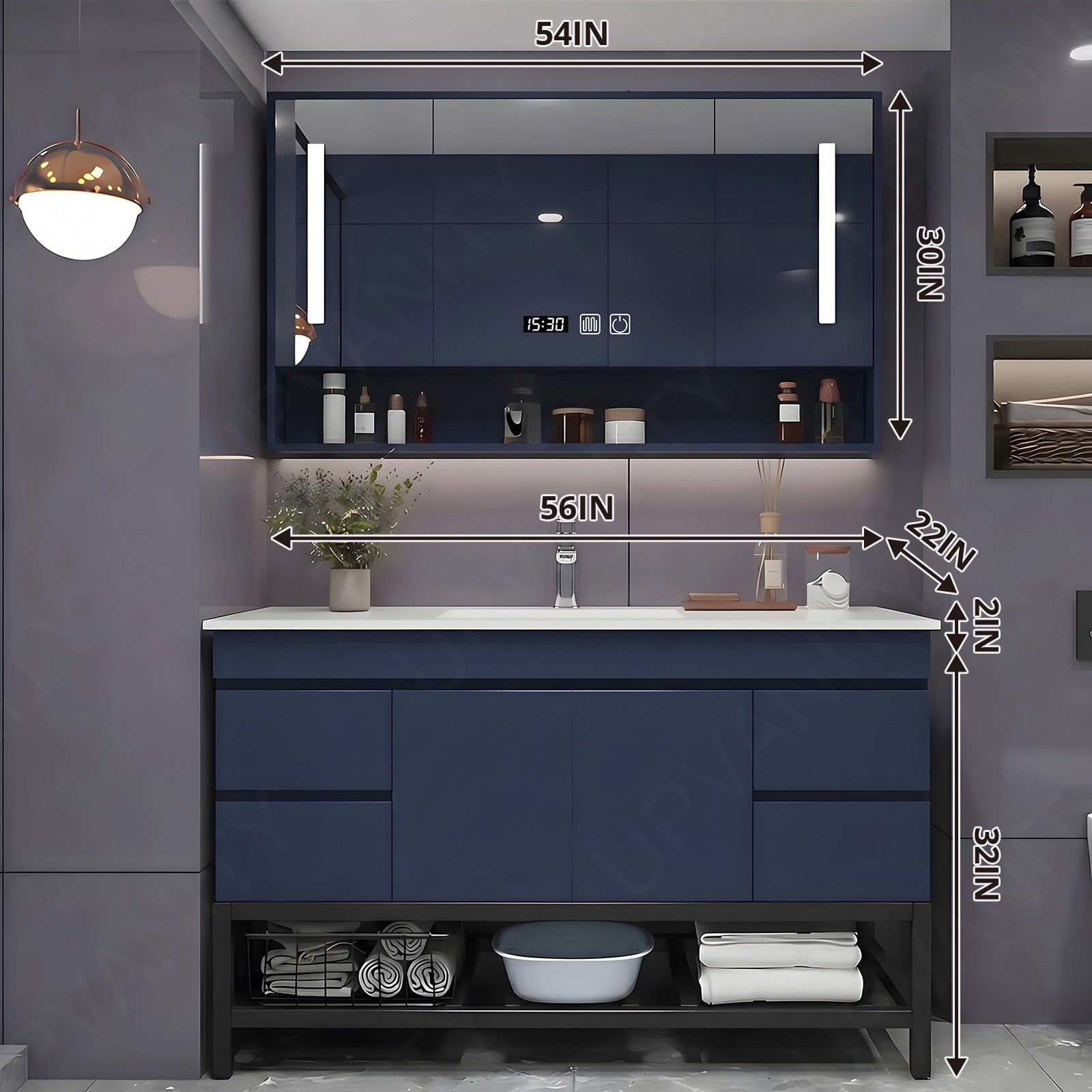Modern Bath Vanity Set, Navy, Open Storage, 24"- 64", Single, Freestanding, Smart LED Mirror, Rear Cabinet