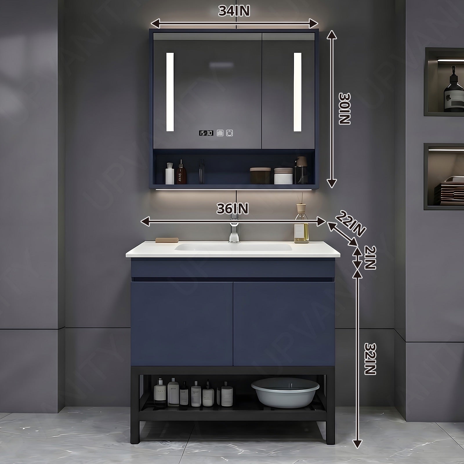 Modern Bath Vanity Set, Navy, Open Storage, 24"- 64", Single, Freestanding, Smart LED Mirror, Rear Cabinet