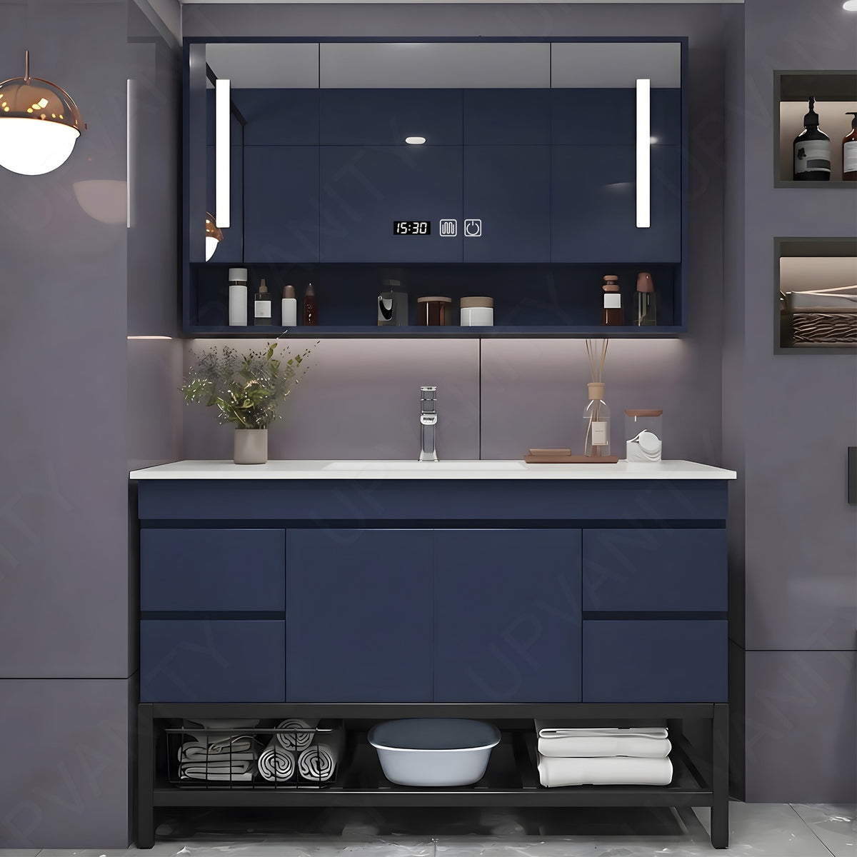 Modern Bath Vanity Set, Navy, Open Storage, 24"- 64", Single, Freestanding, Smart LED Mirror, Rear Cabinet