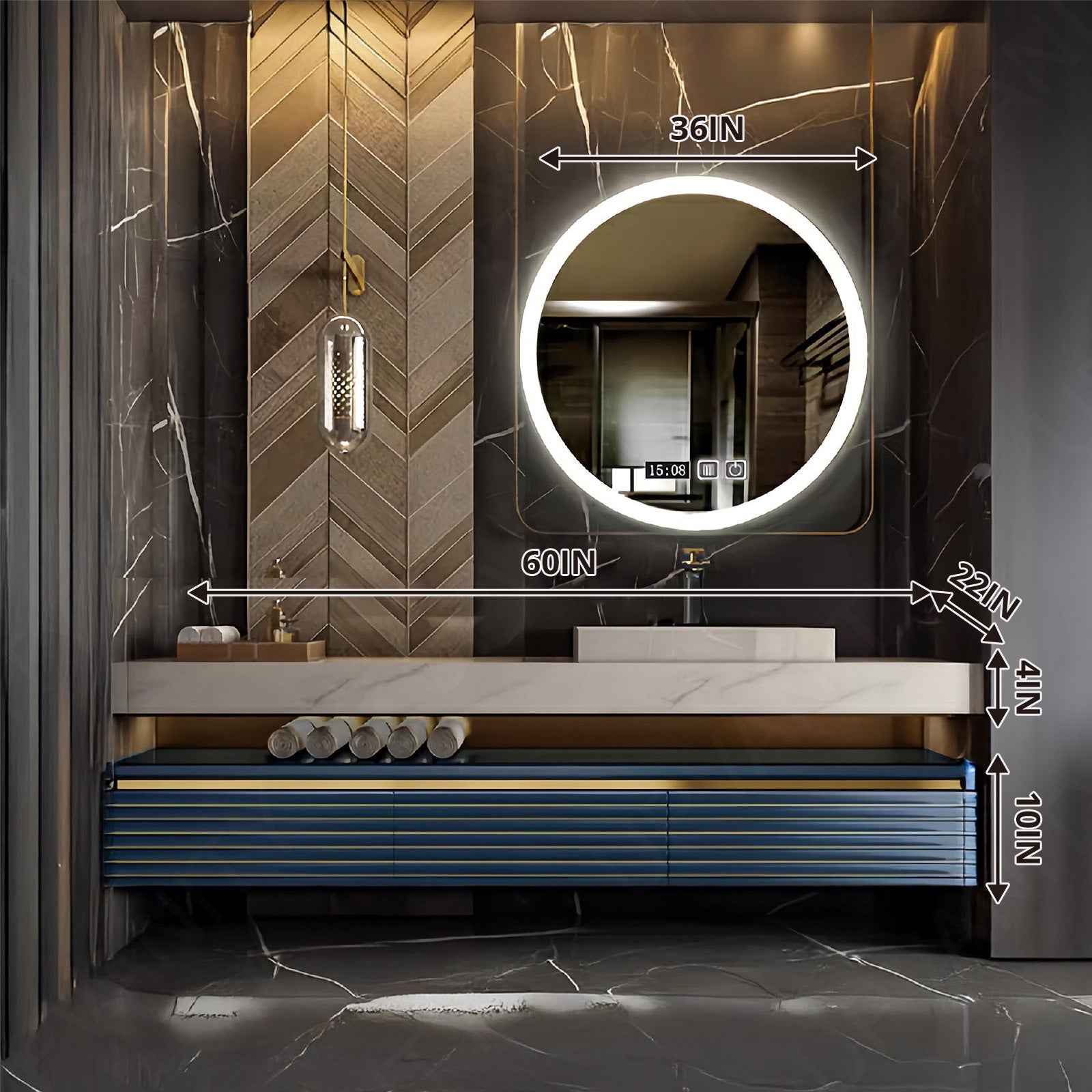 Modern Bath Vanity Set, Navy, Striped Panel, Open Storage, 40"- 64", Single Vessel Sink, Floating, Smart LED Mirror