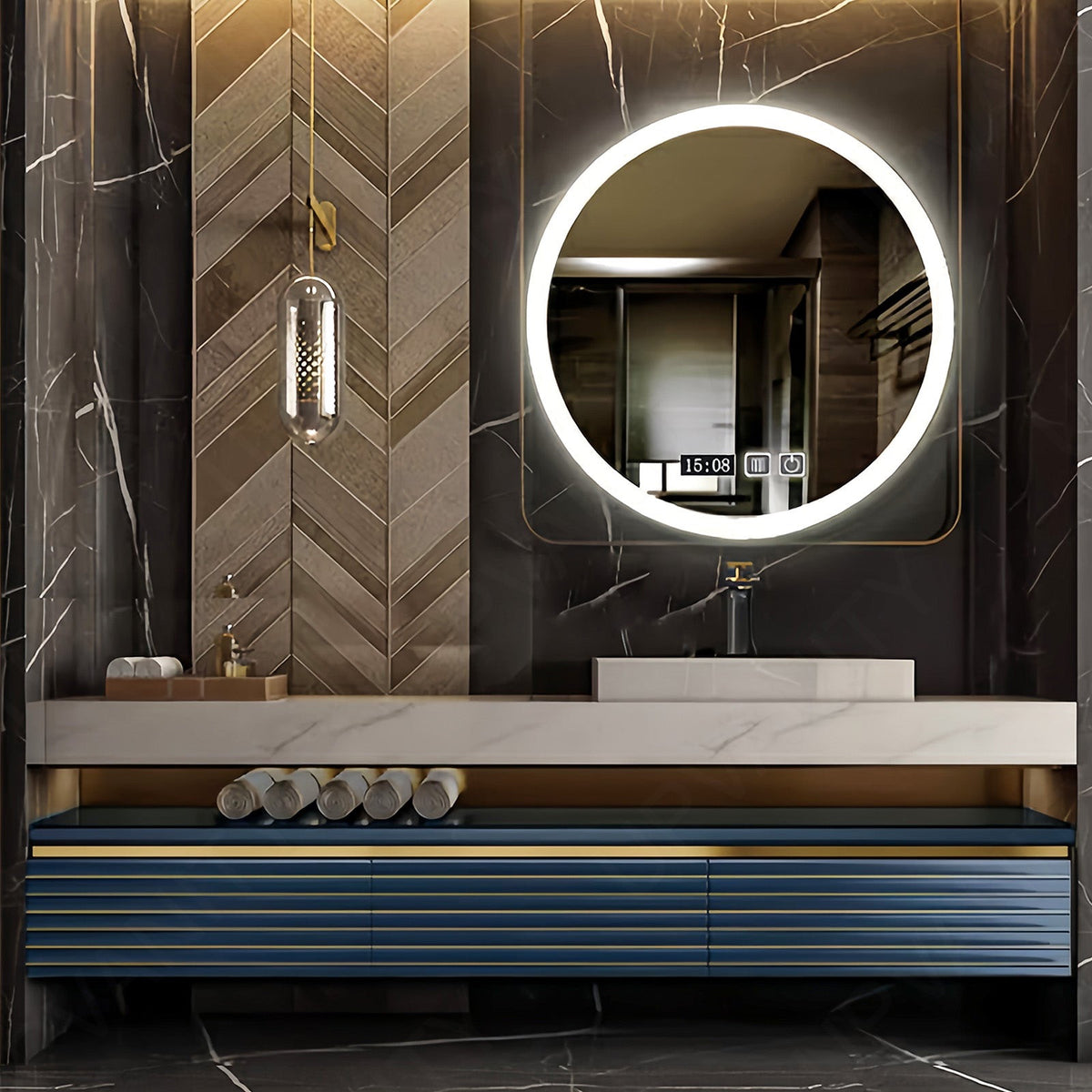 Modern Bath Vanity Set, Navy, Striped Panel, Open Storage, 40"- 64", Single Vessel Sink, Floating, Smart LED Mirror