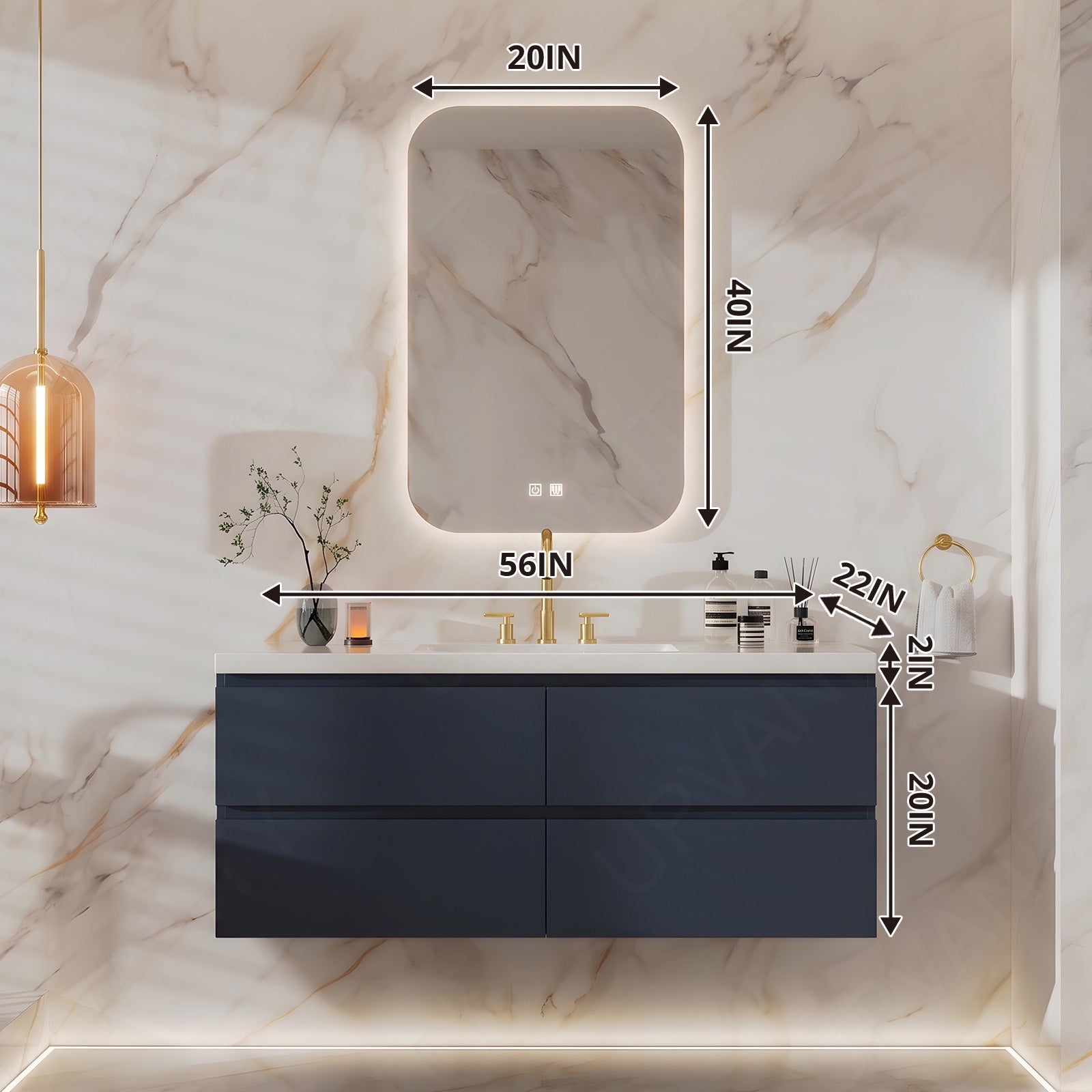 Modern Bath Vanity Set, Navy, White Slate Top, 40"-64", Single, Floating, Hidden Storage, Smart LED Mirror