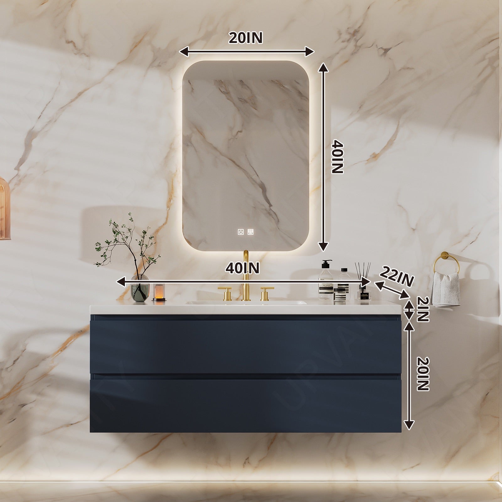 Modern Bath Vanity Set, Navy, White Slate Top, 40"-64", Single, Floating, Hidden Storage, Smart LED Mirror