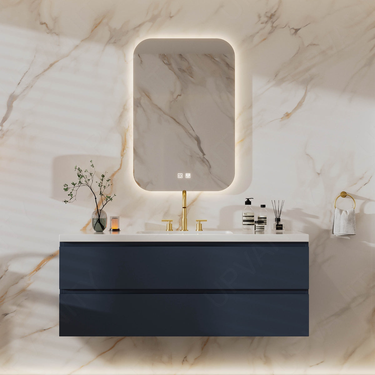 Modern Bath Vanity Set, Navy, White Slate Top, 40"-64", Single, Floating, Hidden Storage, Smart LED Mirror