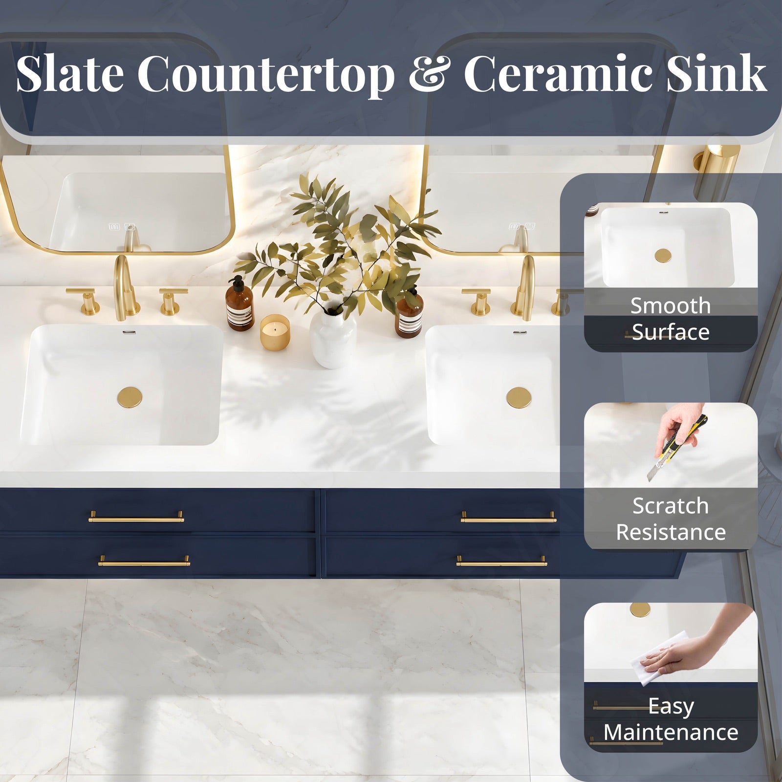 Modern Bath Vanity Set, Navy, White Slate Top, 56"-78", Double, Floating, Gold Accents, Dual Smart LED Mirror