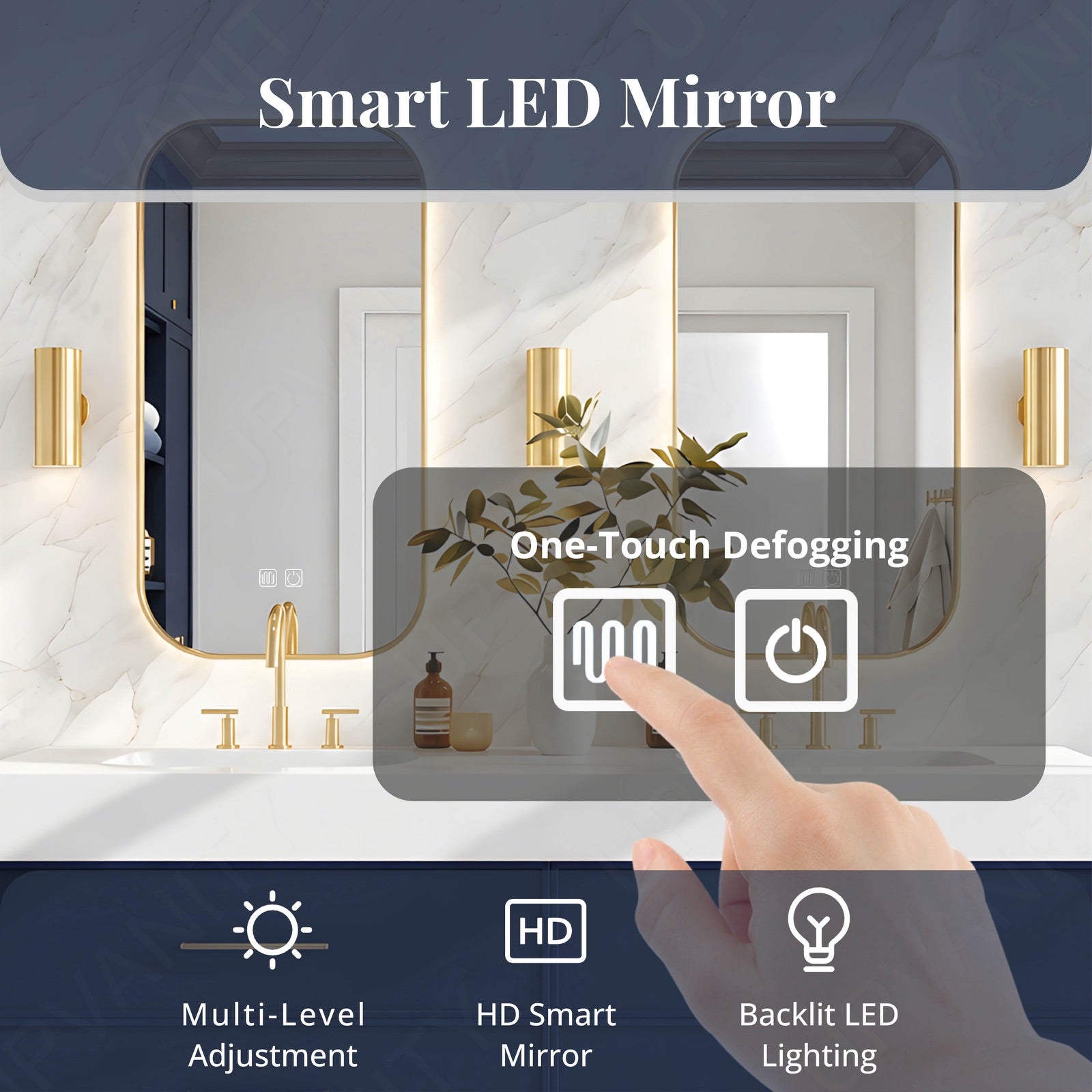 Modern Bath Vanity Set, Navy, White Slate Top, 56"-78", Double, Floating, Gold Accents, Dual Smart LED Mirror