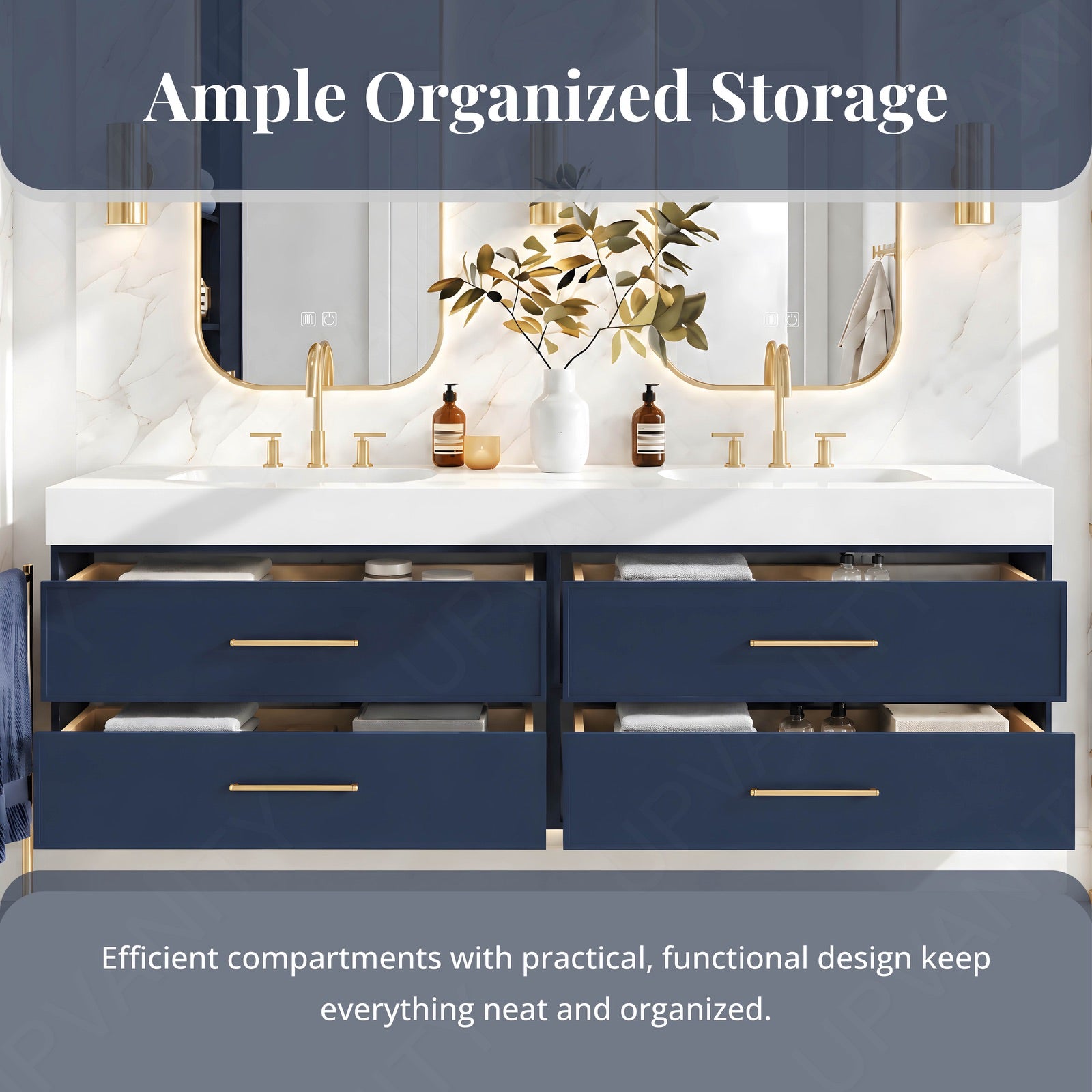Modern Bath Vanity Set, Navy, White Slate Top, 56"-78", Double, Floating, Gold Accents, Dual Smart LED Mirror