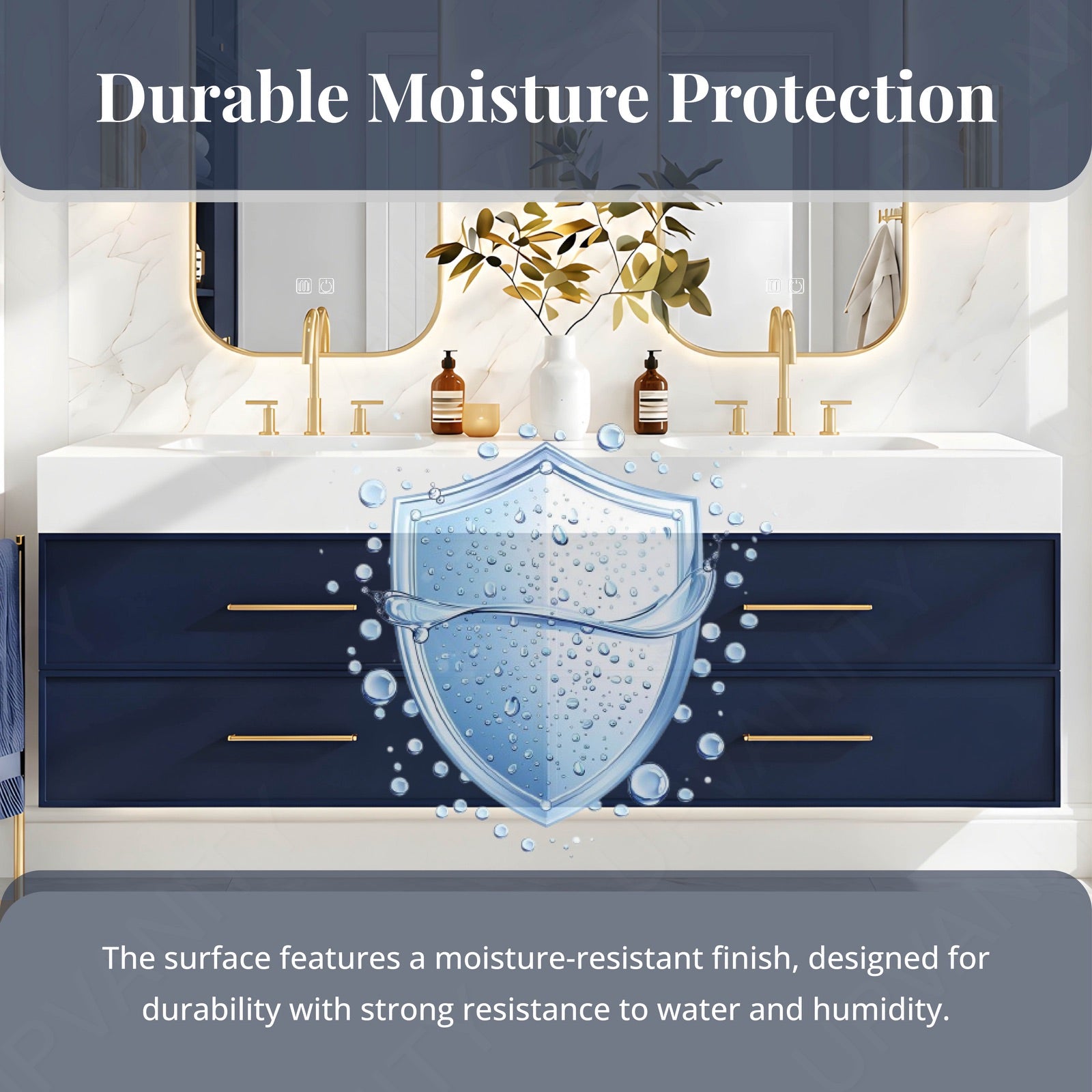 Modern Bath Vanity Set, Navy, White Slate Top, 56"-78", Double, Floating, Gold Accents, Dual Smart LED Mirror