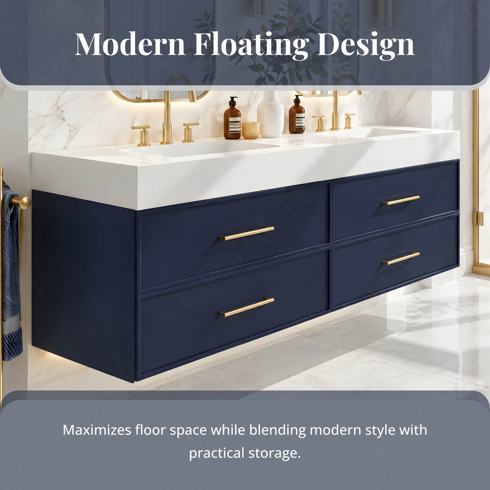 Modern Bath Vanity Set, Navy, White Slate Top, 56"-78", Double, Floating, Gold Accents, Dual Smart LED Mirror