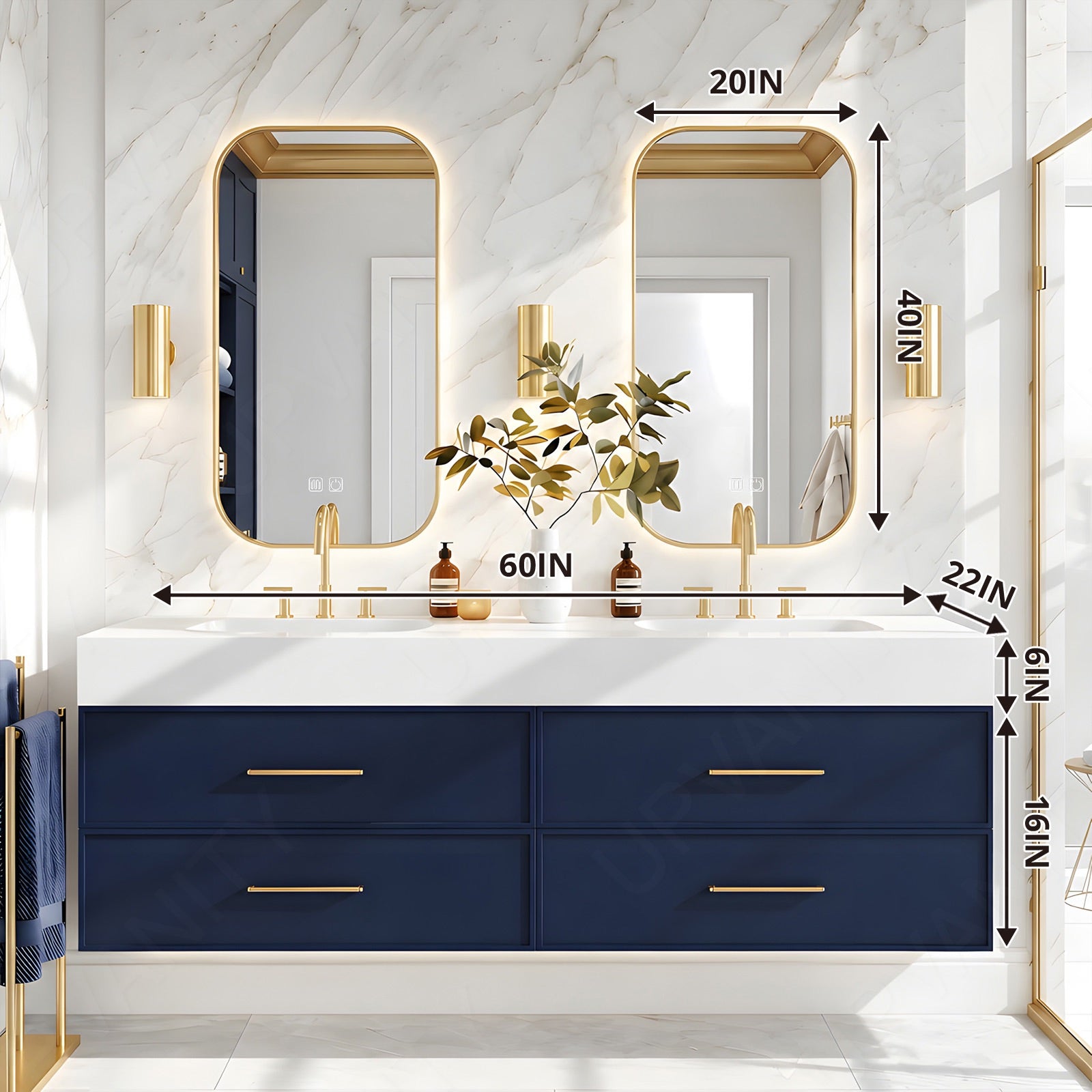 Modern Bath Vanity Set, Navy, White Slate Top, 56"-78", Double, Floating, Gold Accents, Dual Smart LED Mirror