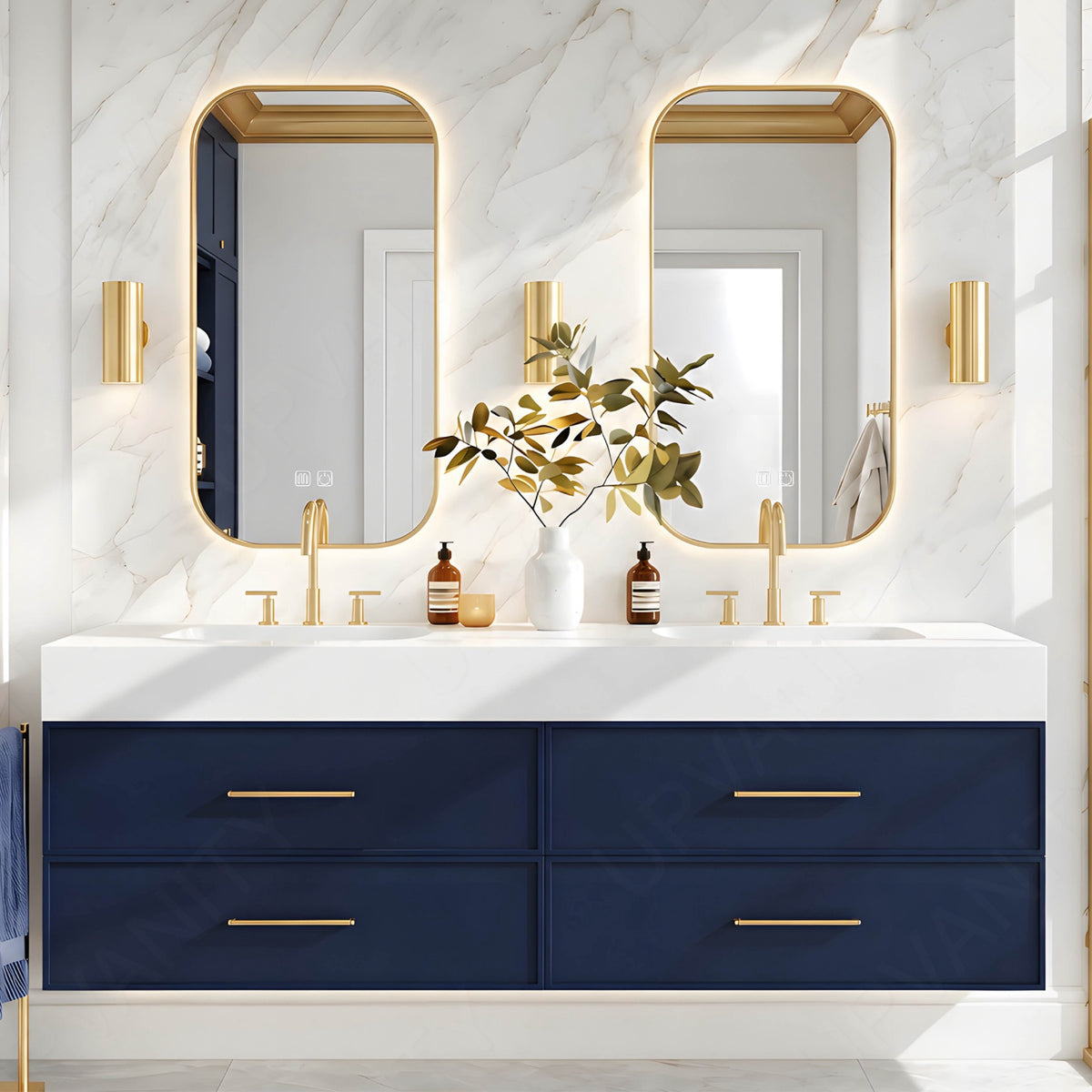 Modern Bath Vanity Set, Navy, White Slate Top, 56"-78", Double, Floating, Gold Accents, Dual Smart LED Mirror
