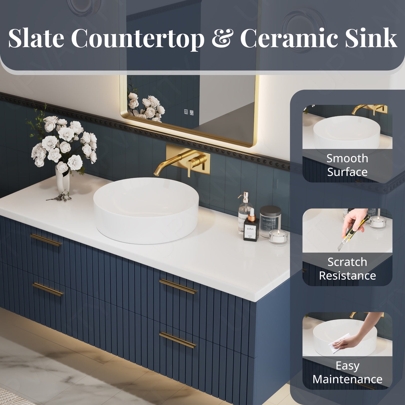 Modern Bath Vanity Set, Navy, White Slate Top, Fluted Panel, 40"-64", Single Vessel Sink, Smart LED Mirror