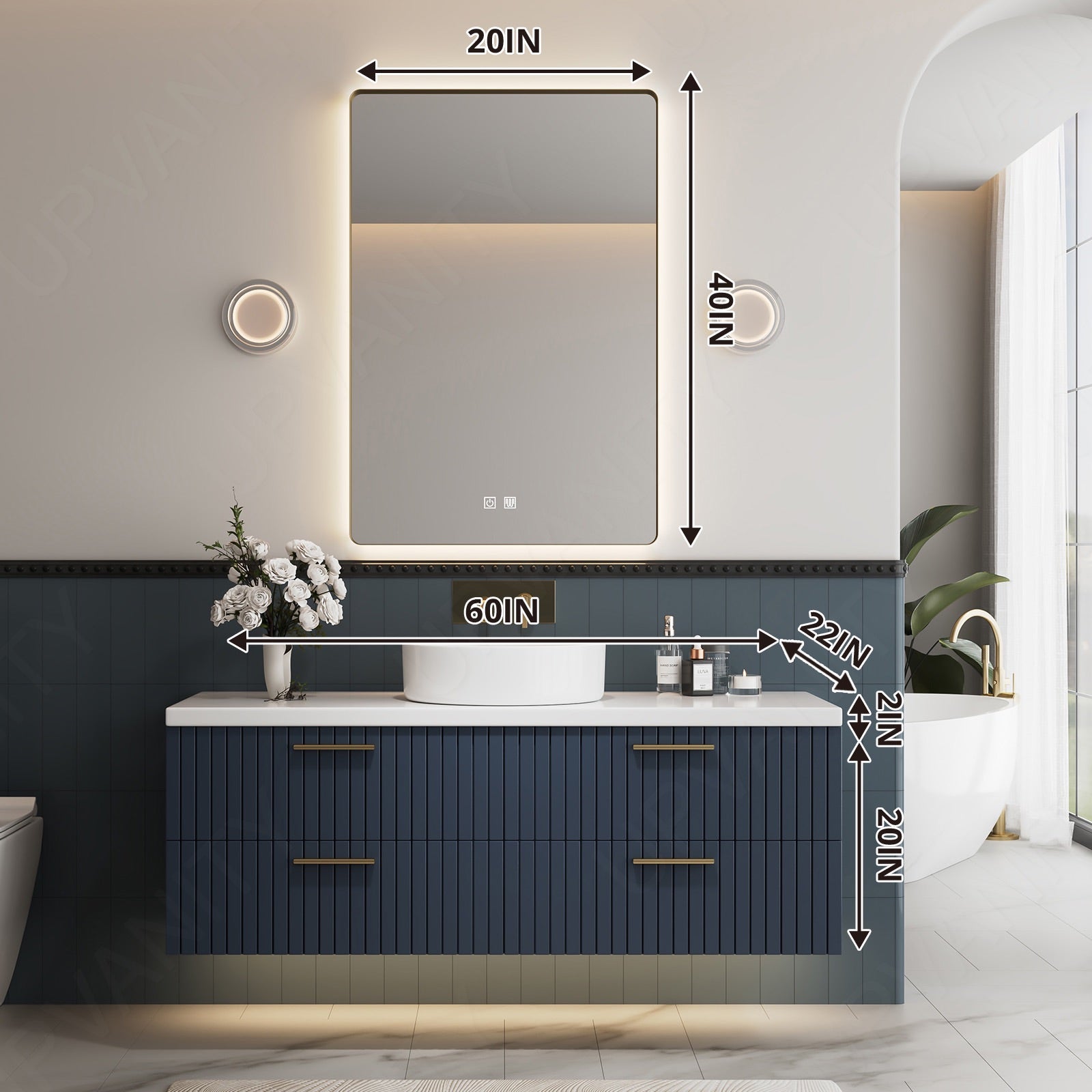 Modern Bath Vanity Set, Navy, White Slate Top, Fluted Panel, 40"-64", Single Vessel Sink, Smart LED Mirror