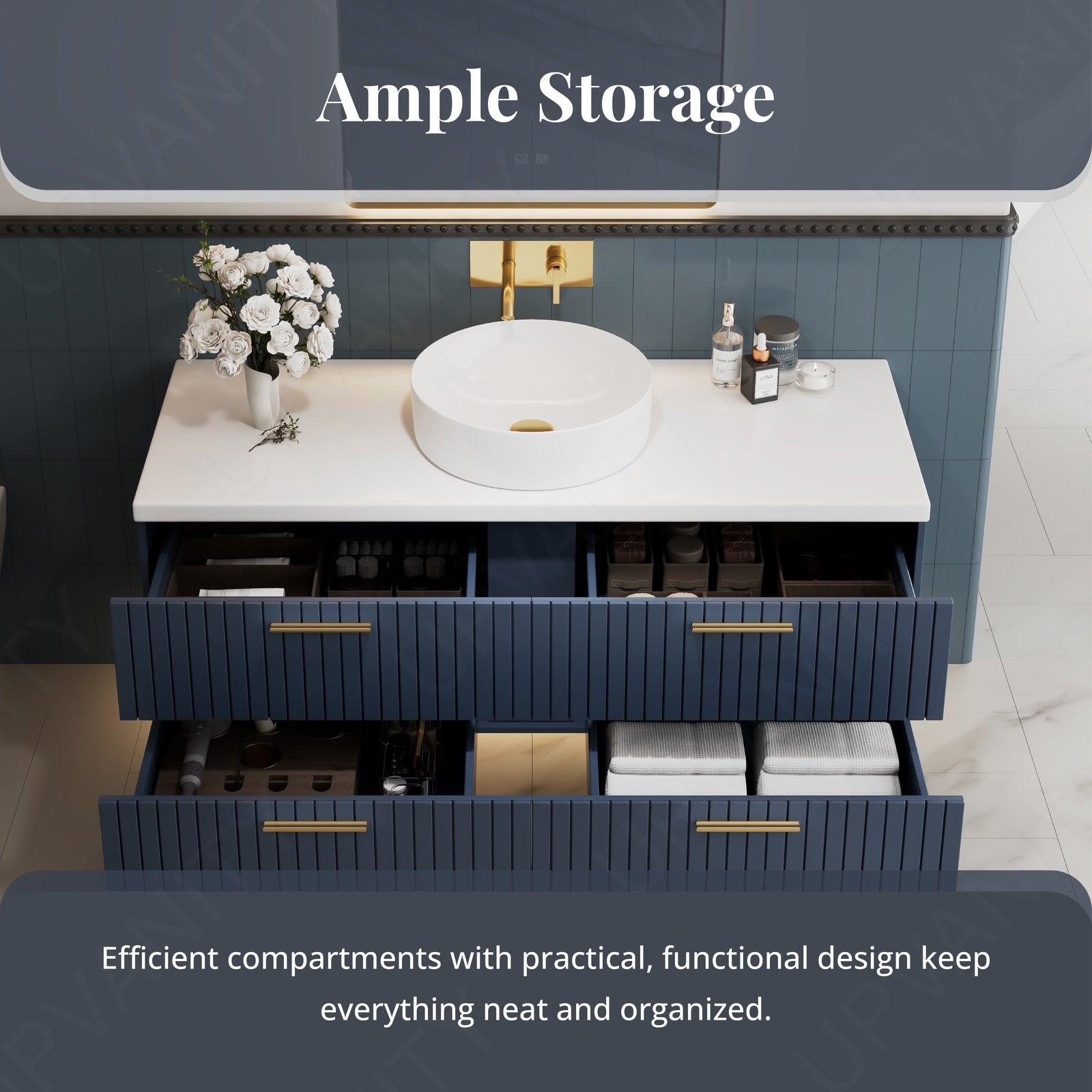 Modern Bath Vanity Set, Navy, White Slate Top, Fluted Panel, 40"-64", Single Vessel Sink, Smart LED Mirror