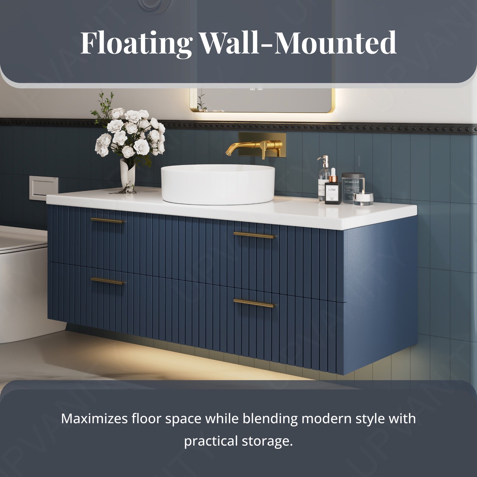 Modern Bath Vanity Set, Navy, White Slate Top, Fluted Panel, 40"-64", Single Vessel Sink, Smart LED Mirror