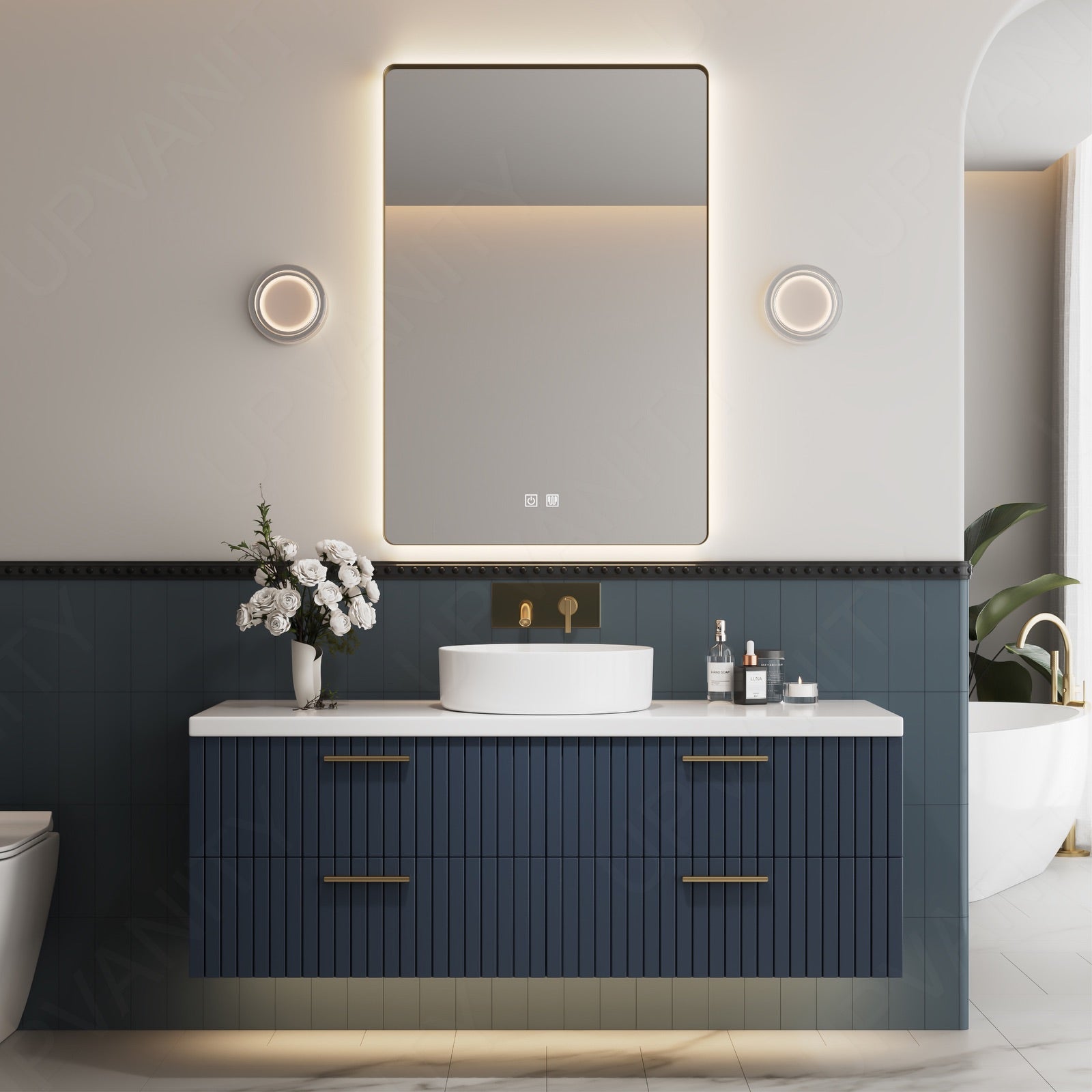 Modern Bath Vanity Set, Navy, White Slate Top, Fluted Panel, 40"-64", Single Vessel Sink, Smart LED Mirror