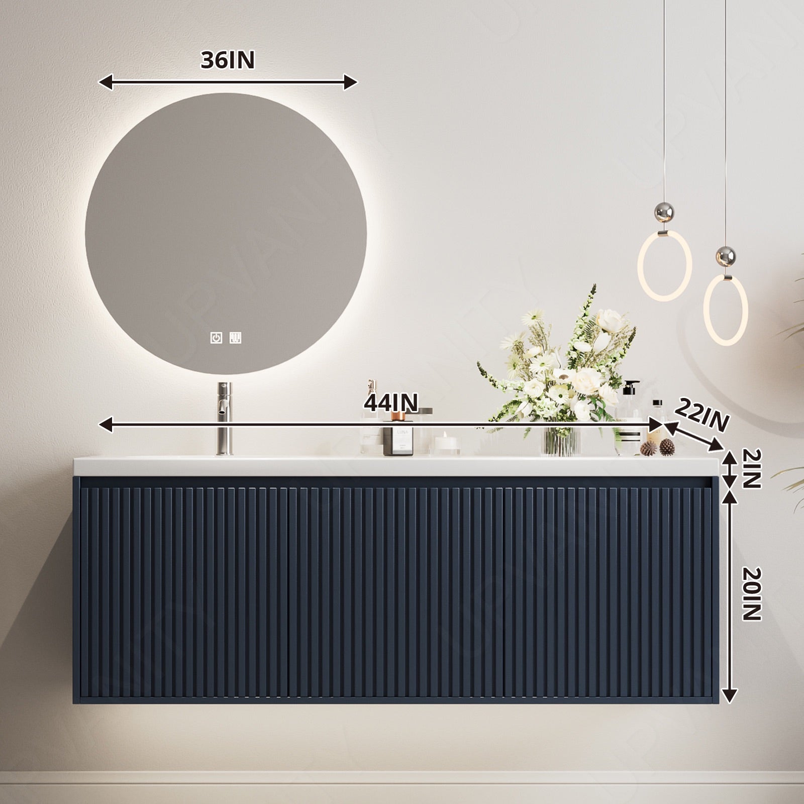 Modern Bath Vanity Set, Navy, White Slate Top, Fluted Panel, 44"-64", Single, Floating, Hidden Storage, Round Smart LED Mirror