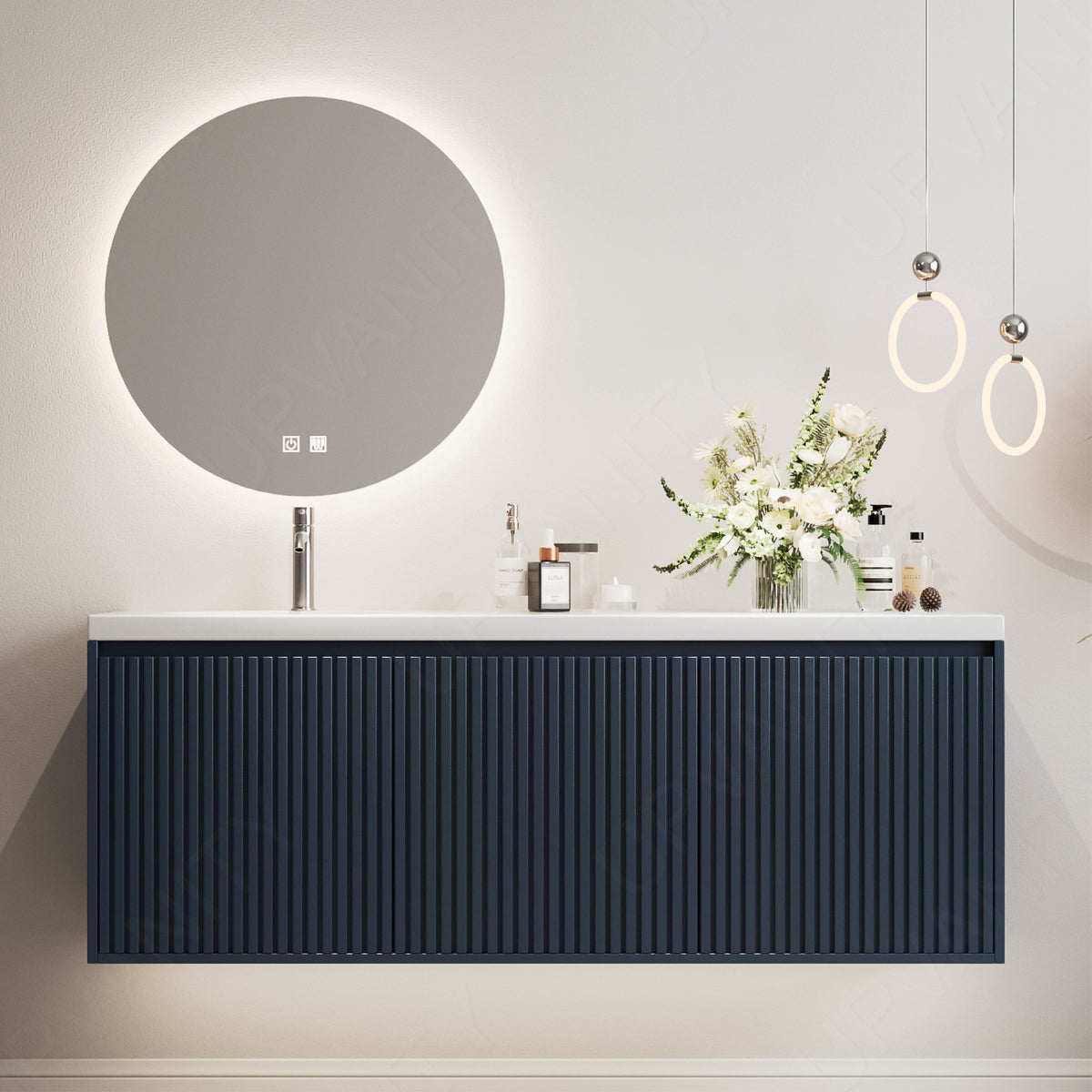 Modern Bath Vanity Set, Navy, White Slate Top, Fluted Panel, 44"-64", Single, Floating, Hidden Storage, Round Smart LED Mirror