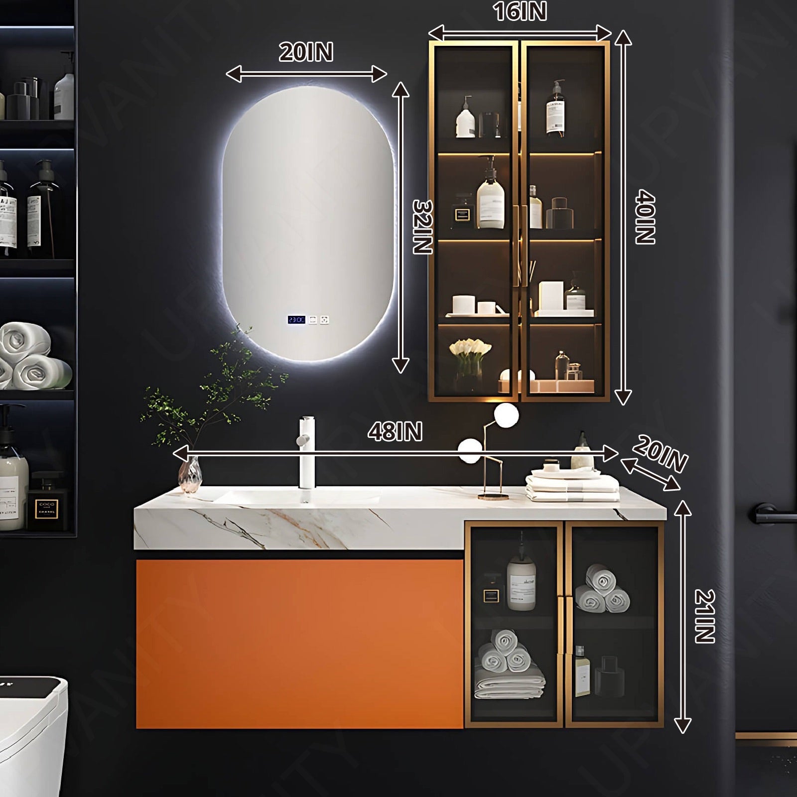 Modern Bath Vanity Set, Orange, Gold Accents, White Marble Textured Top, Glass Door, 40"- 52", Single, Floating, Oval Smart LED Mirror, Side Cabinet