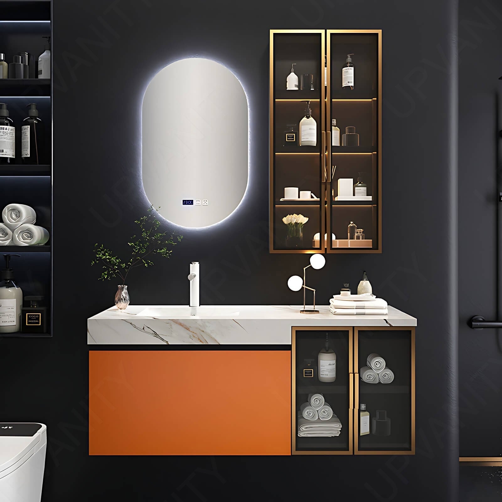 Modern Bath Vanity Set, Orange, Gold Accents, White Marble Textured Top, Glass Door, 40"- 52", Single, Floating, Oval Smart LED Mirror, Side Cabinet