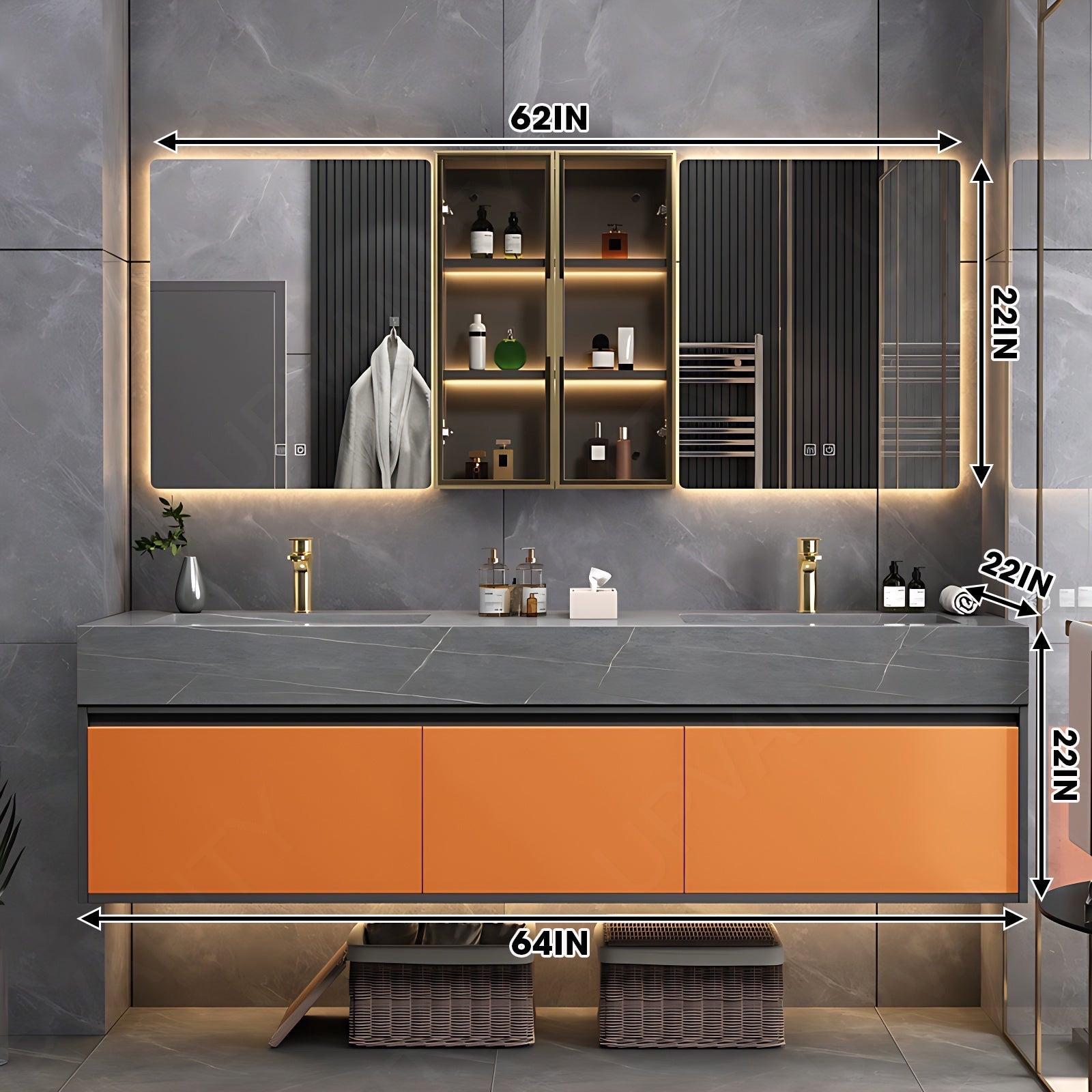 Modern Bath Vanity Set, Orange, Gray Slate Top, 40"-64", Single/Double, Floating, Glass Door, Smart LED Mirror, Side Cabinet