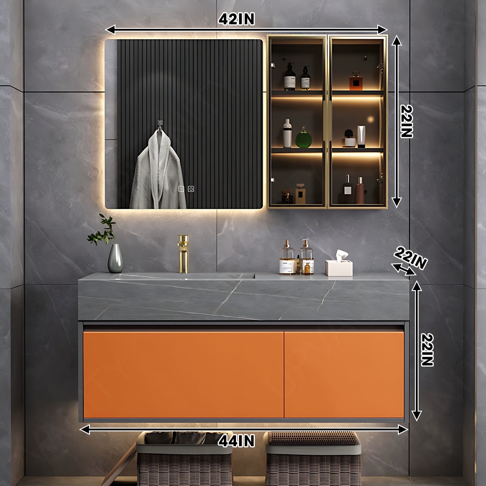 Modern Bath Vanity Set, Orange, Gray Slate Top, 40"-64", Single/Double, Floating, Glass Door, Smart LED Mirror, Side Cabinet