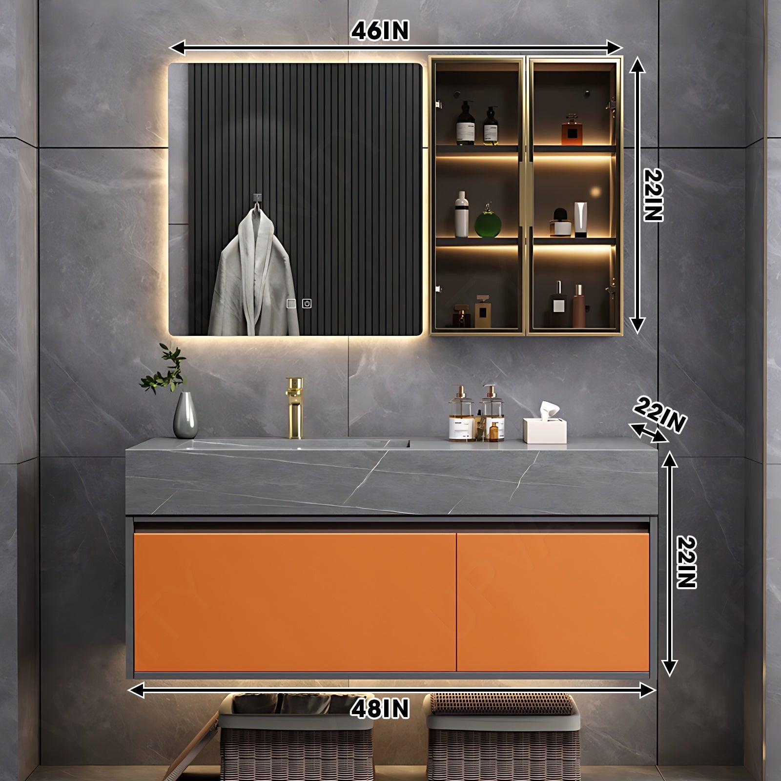 Modern Bath Vanity Set, Orange, Gray Slate Top, 40"-64", Single/Double, Floating, Glass Door, Smart LED Mirror, Side Cabinet