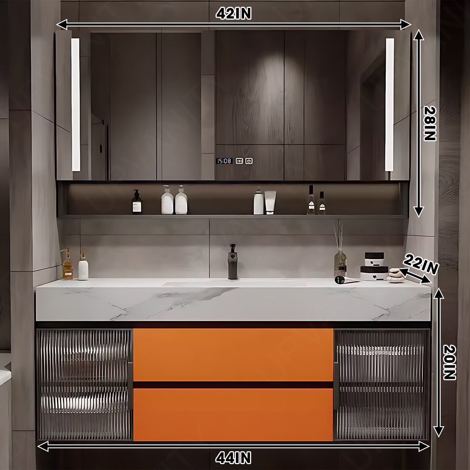 Modern Bath Vanity Set, Orange, Marble Textured Top, 40"-78", Single, Floating, Glass Door, Smart LED Mirror, Rear Cabinet