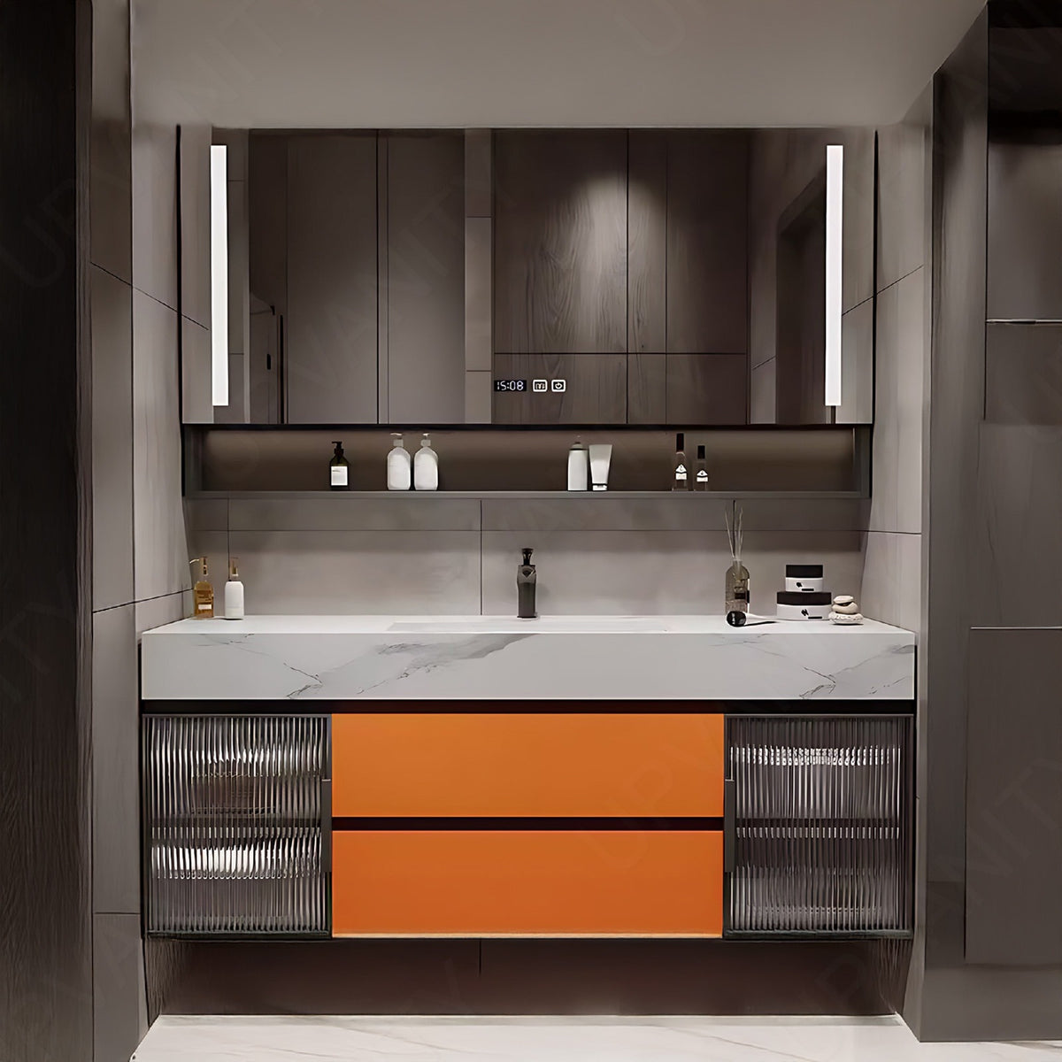 Modern Bath Vanity Set, Orange, Marble Textured Top, 40"-78", Single, Floating, Glass Door, Smart LED Mirror, Rear Cabinet