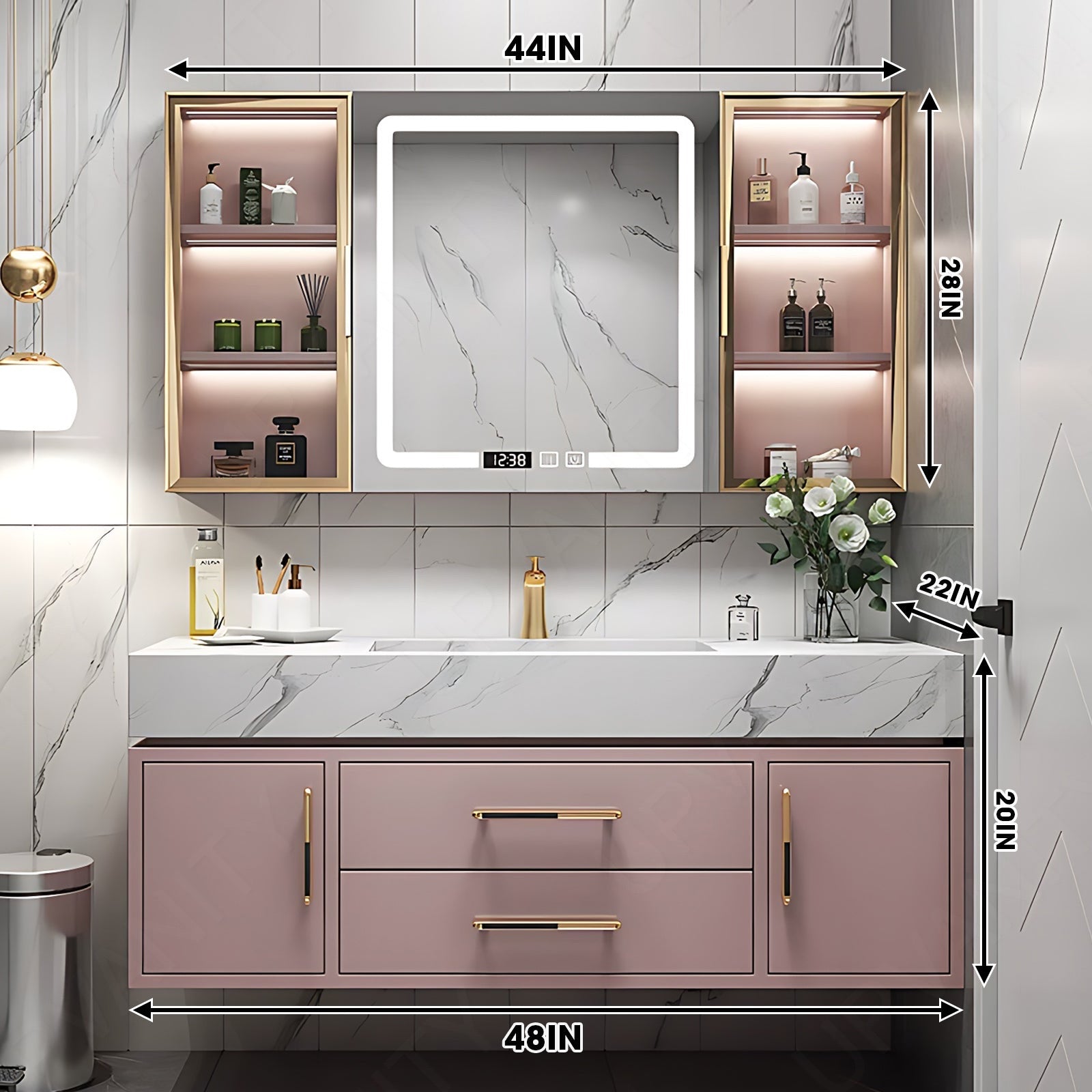 Modern Bath Vanity Set, Pink, Gold Accents, Glass Door, 36"- 56", Single, Floating, Smart LED Mirror, Rear and Side Cabinets