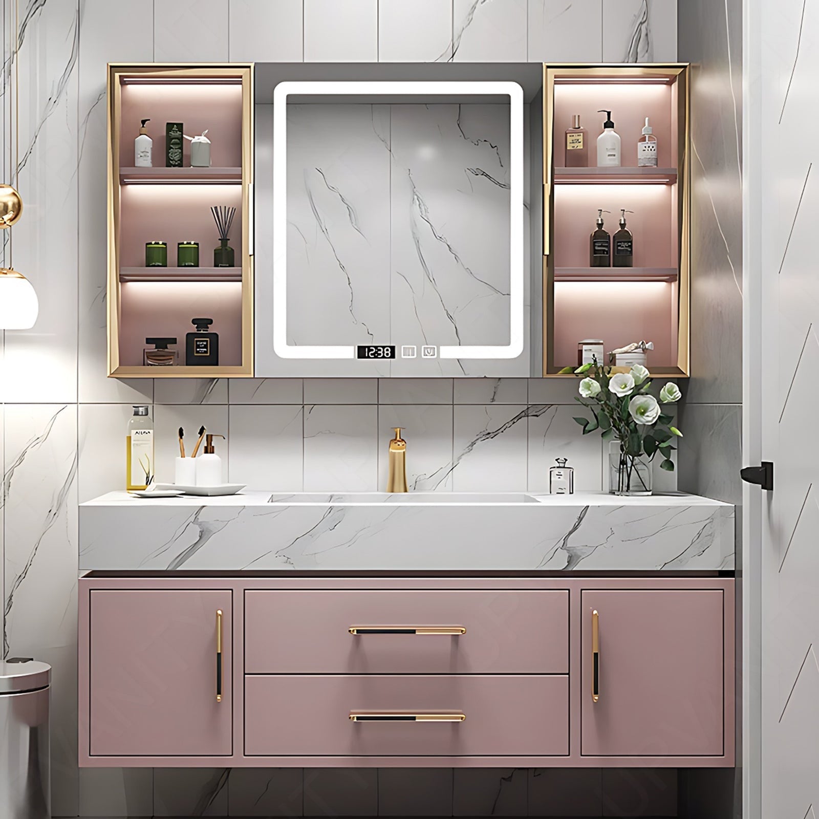 Modern Bath Vanity Set, Pink, Gold Accents, Glass Door, 36"- 56", Single, Floating, Smart LED Mirror, Rear and Side Cabinets