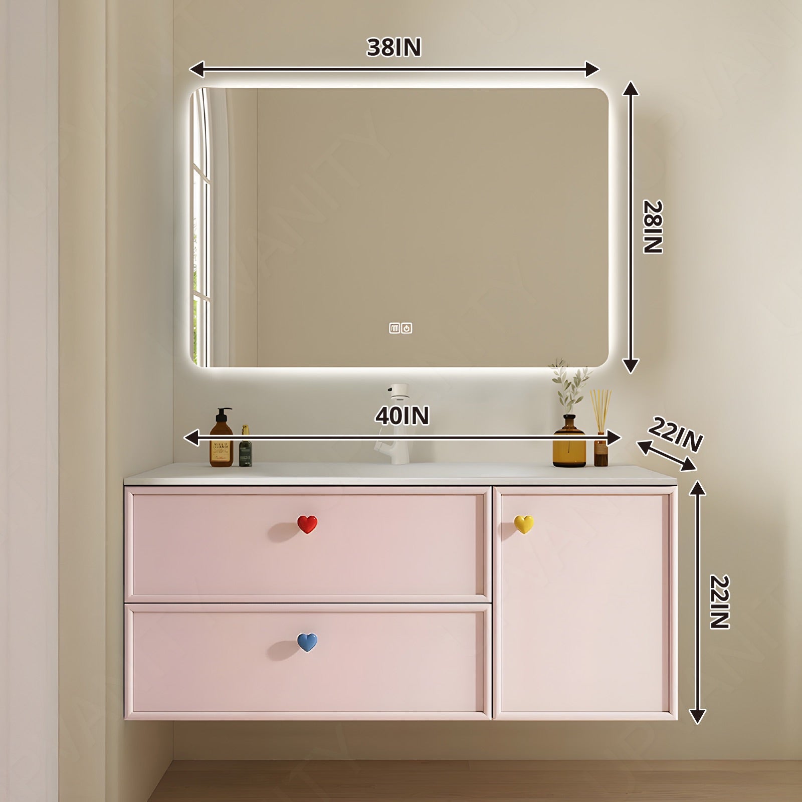 Modern Bath Vanity Set, Pink, White Slate Top, 40"-60", Single, Floating, Sectional Storage, Smart LED Mirror
