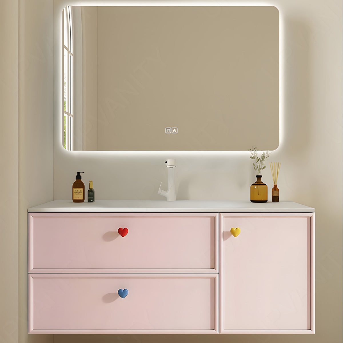 Modern Bath Vanity Set, Pink, White Slate Top, 40"-60", Single, Floating, Sectional Storage, Smart LED Mirror