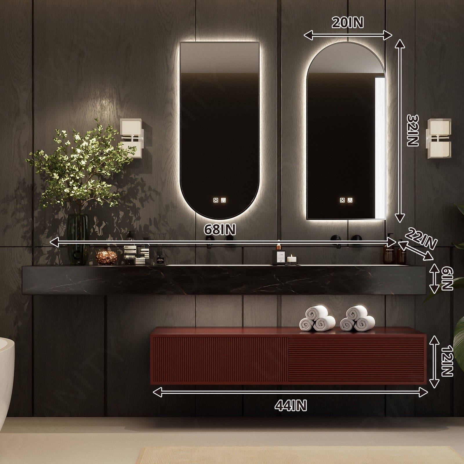 Modern Bath Vanity Set, Red, Black Slate Top, 56"-78", Double, Floating, Fluted Panel, Open Storage, Dual Smart LED Mirror