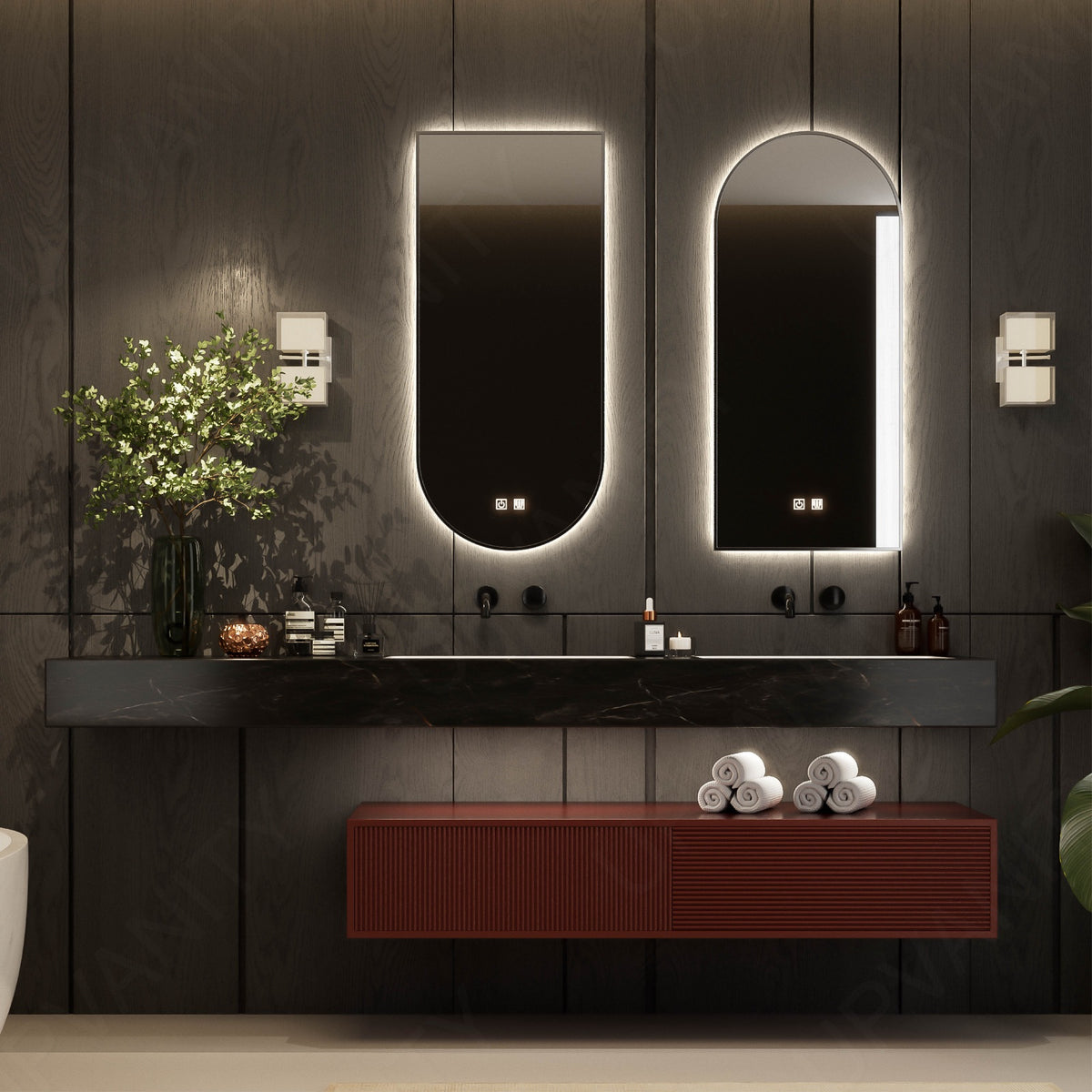 Modern Bath Vanity Set, Red, Black Slate Top, 56"-78", Double, Floating, Fluted Panel, Open Storage, Dual Smart LED Mirror