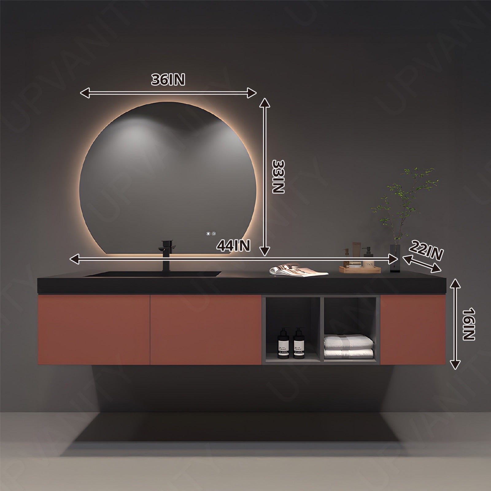 Modern Bath Vanity Set, Red, Black Slate Top, Open Storage, 44"- 60", Single, Floating, Round Smart LED Mirror