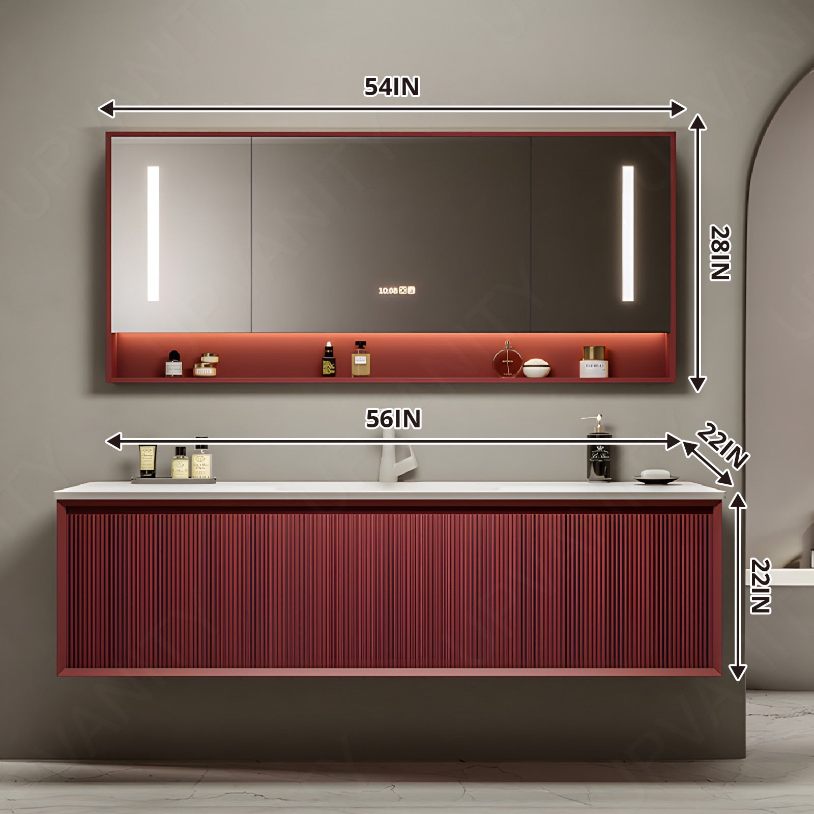 Modern Bath Vanity Set, Red, White Slate Top, 36"-64", Single, Floating, Striped Panel, Smart LED Mirror, Rear Cabinet