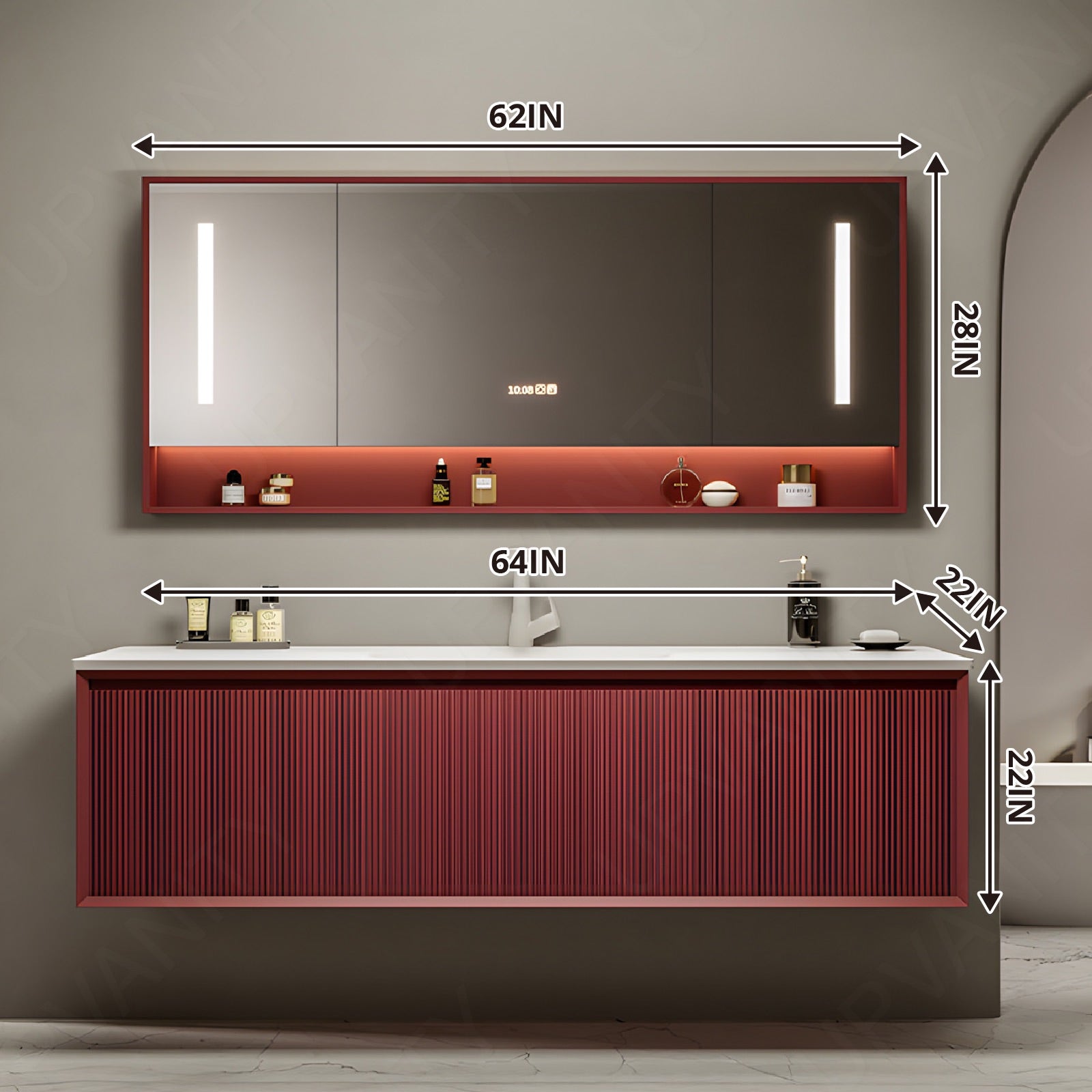 Modern Bath Vanity Set, Red, White Slate Top, 36"-64", Single, Floating, Striped Panel, Smart LED Mirror, Rear Cabinet