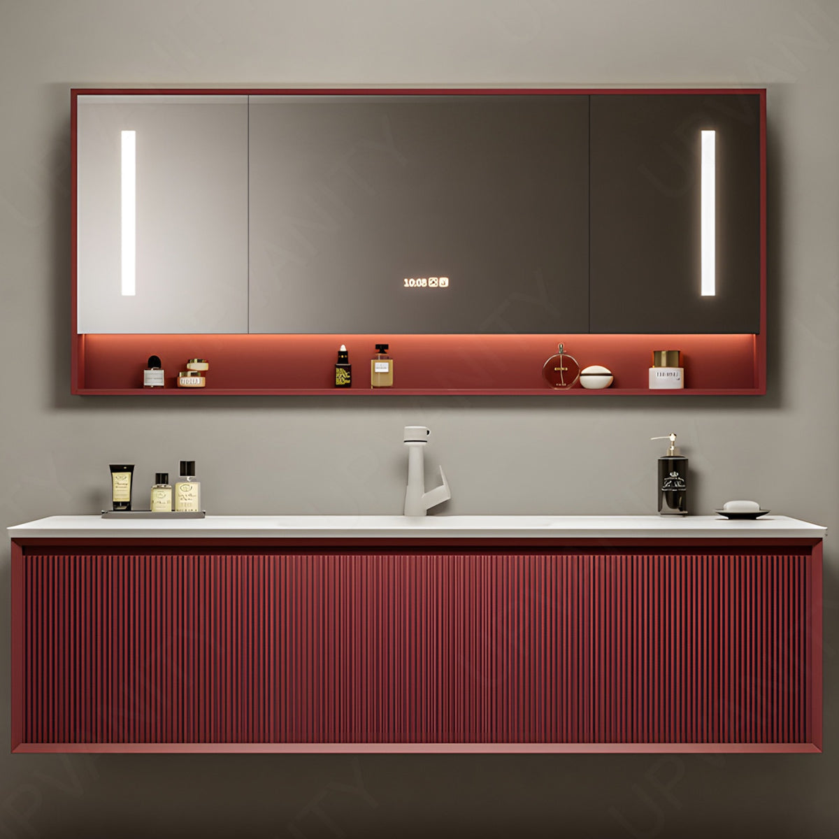 Modern Bath Vanity Set, Red, White Slate Top, 36"-64", Single, Floating, Striped Panel, Smart LED Mirror, Rear Cabinet