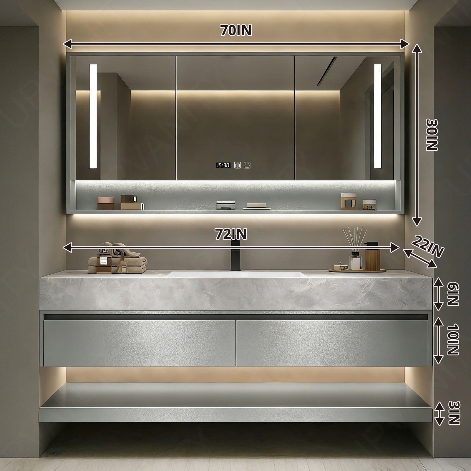 Modern Bath Vanity Set, Silver, Marble Textured Top, 40"- 72", Single, Floating, Smart LED Mirror, Rear Cabinet