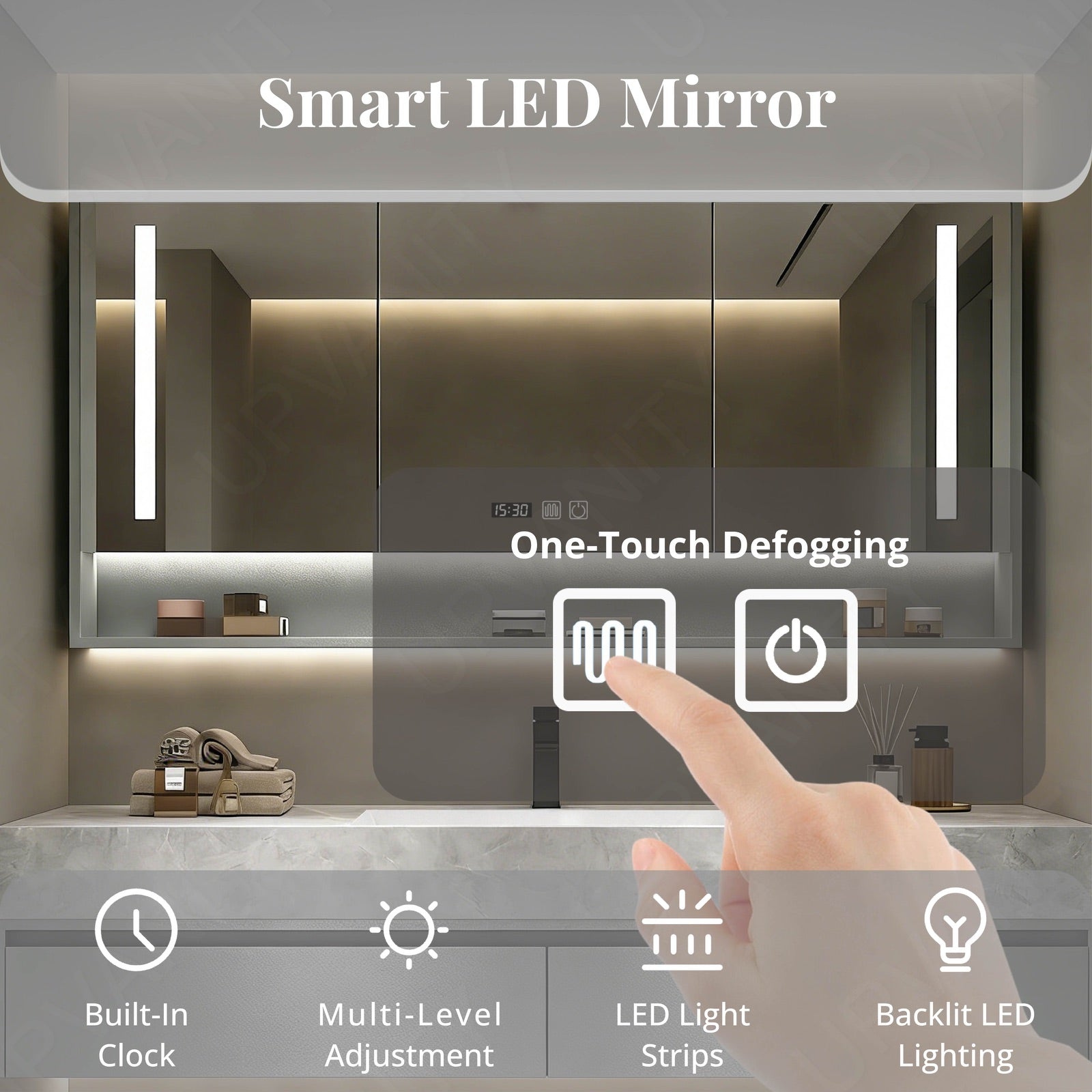 Modern Bath Vanity Set, Silver, Marble Textured Top, 40"- 72", Single, Floating, Smart LED Mirror, Rear Cabinet