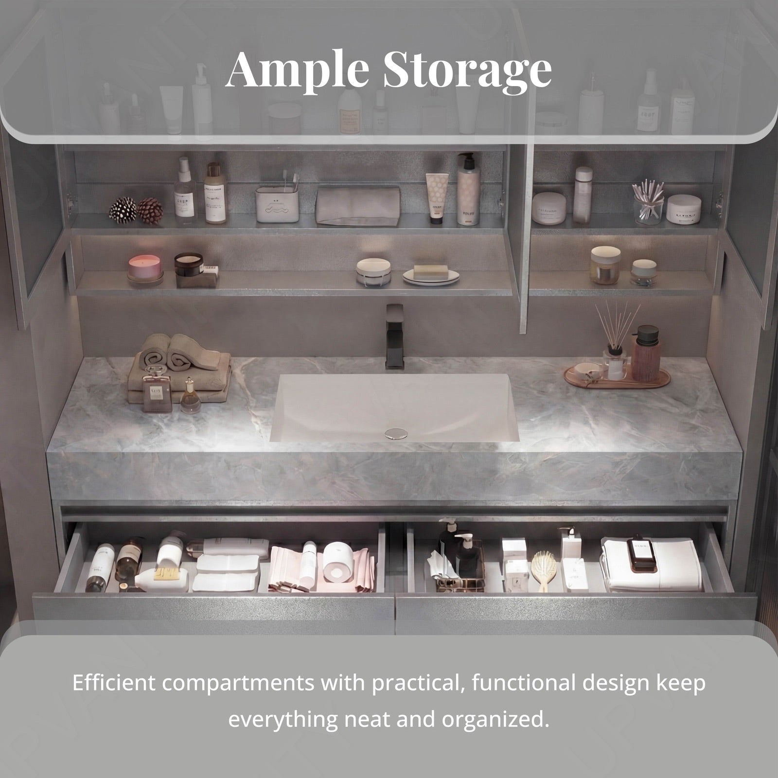 Modern Bath Vanity Set, Silver, Marble Textured Top, 40"- 72", Single, Floating, Smart LED Mirror, Rear Cabinet