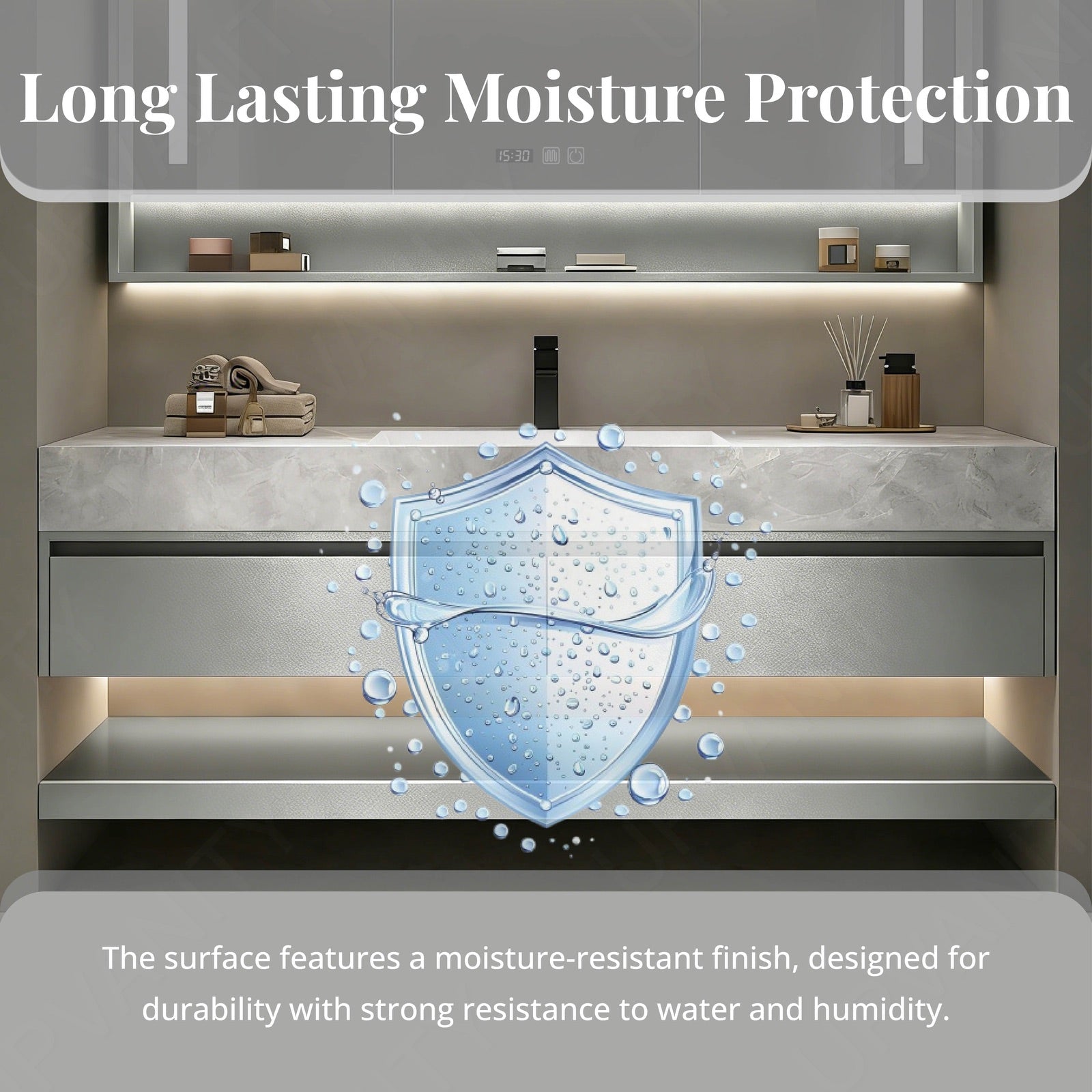 Modern Bath Vanity Set, Silver, Marble Textured Top, 40"- 72", Single, Floating, Smart LED Mirror, Rear Cabinet