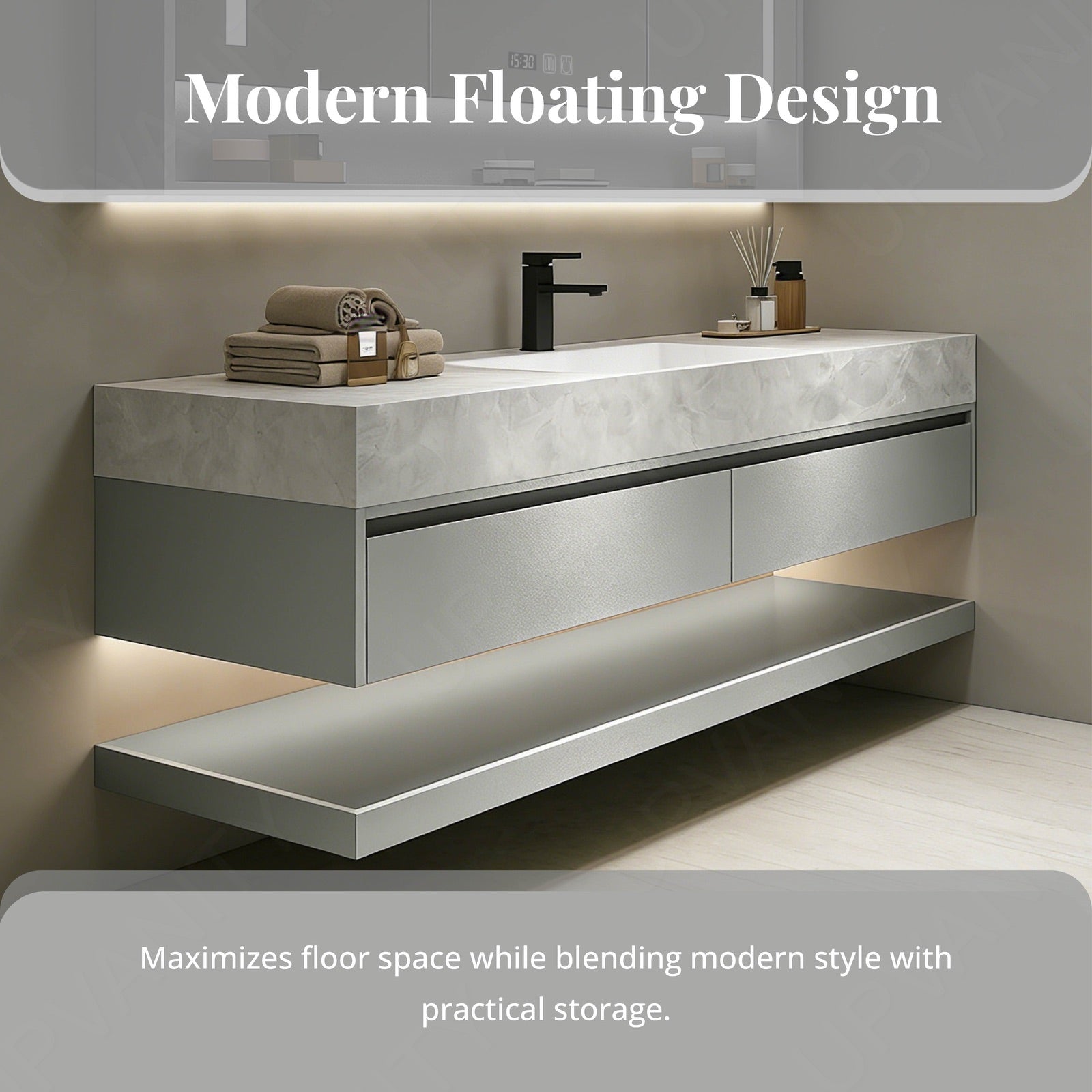 Modern Bath Vanity Set, Silver, Marble Textured Top, 40"- 72", Single, Floating, Smart LED Mirror, Rear Cabinet
