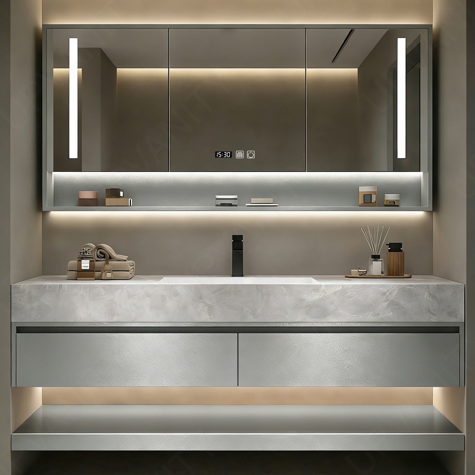 Modern Bath Vanity Set, Silver, Marble Textured Top, 40"- 72", Single, Floating, Smart LED Mirror, Rear Cabinet