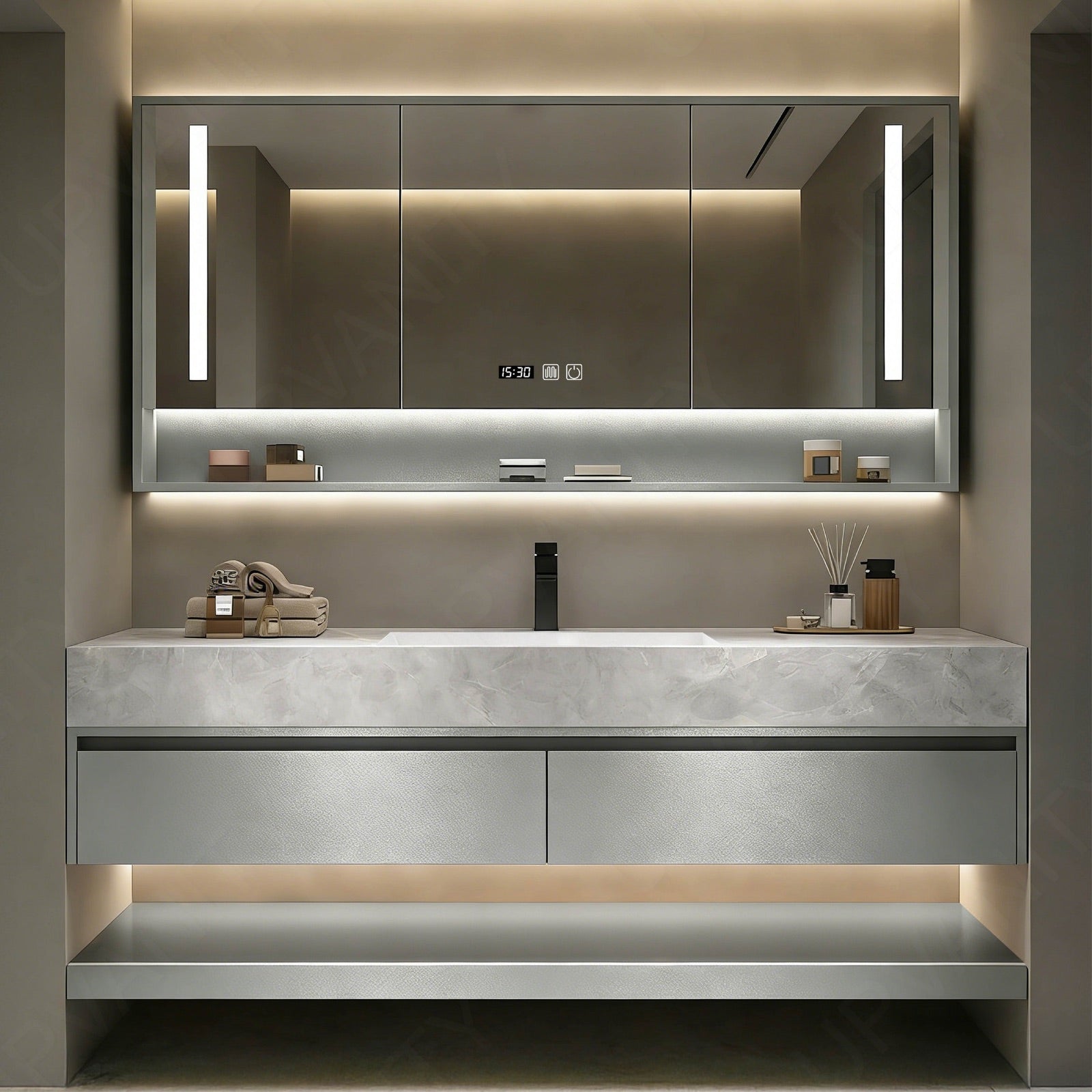 Modern Bath Vanity Set, Silver, Marble Textured Top, 40"- 72", Single, Floating, Smart LED Mirror, Rear Cabinet